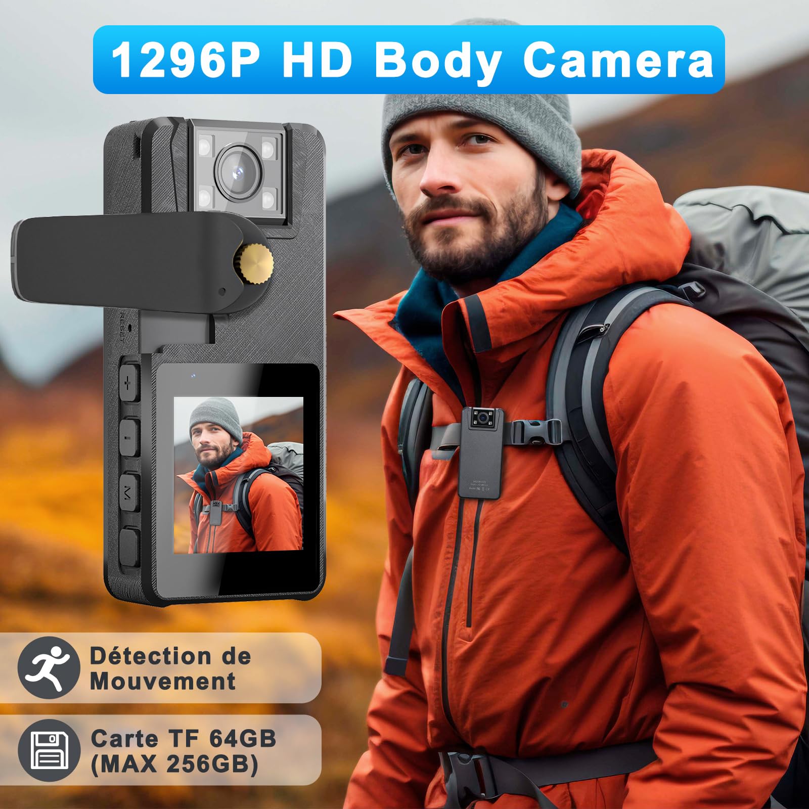 64GB Caméra de Corps, 1296P HD Caméra Corporelle (3000mAh) avec Vision Nocturne IR et Objectif Pivotant à 180°, Caméscope avec Audio et Vidéo Idéales pour Civils, Police Forces de L'ordre