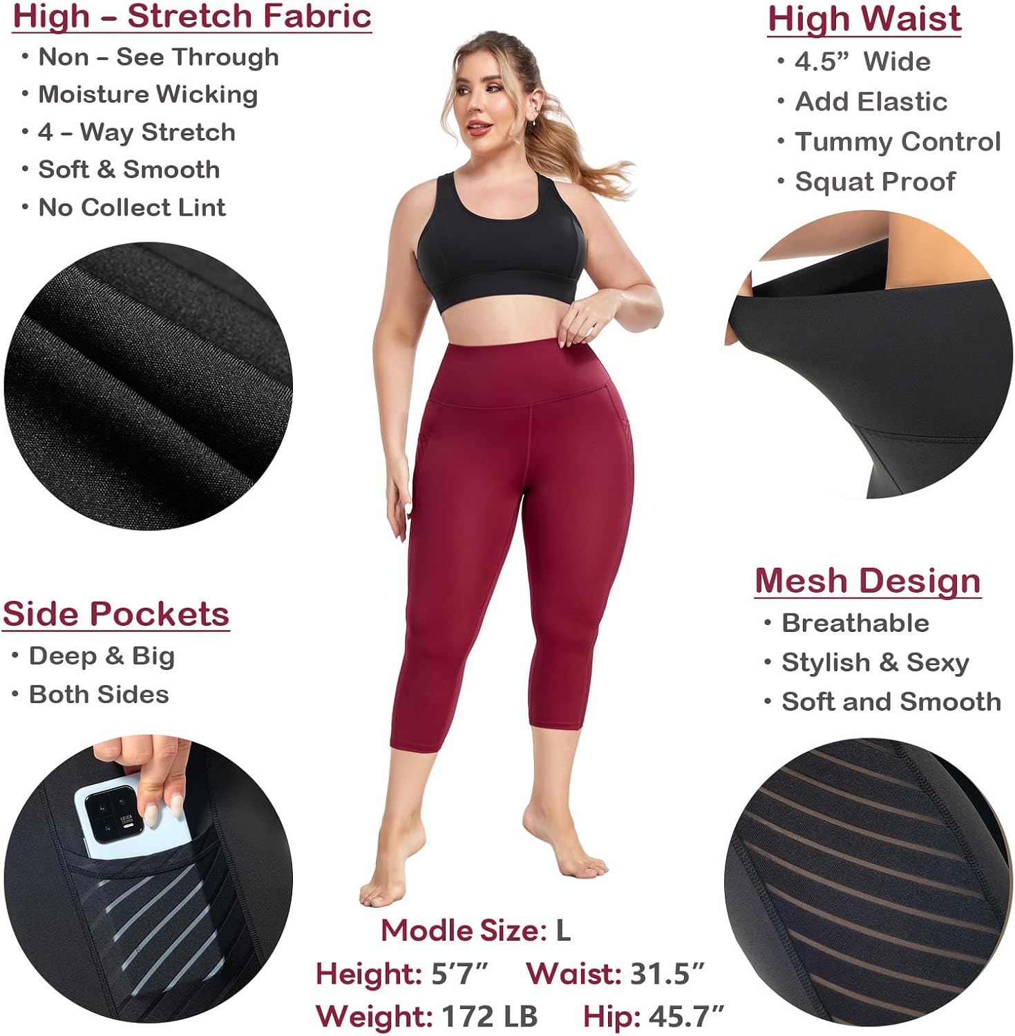 Plus Size Capri Leggings for Women with Pockets L-5X Workout Leggings Black Mesh Yoga Pants High Waisted Tummy Control