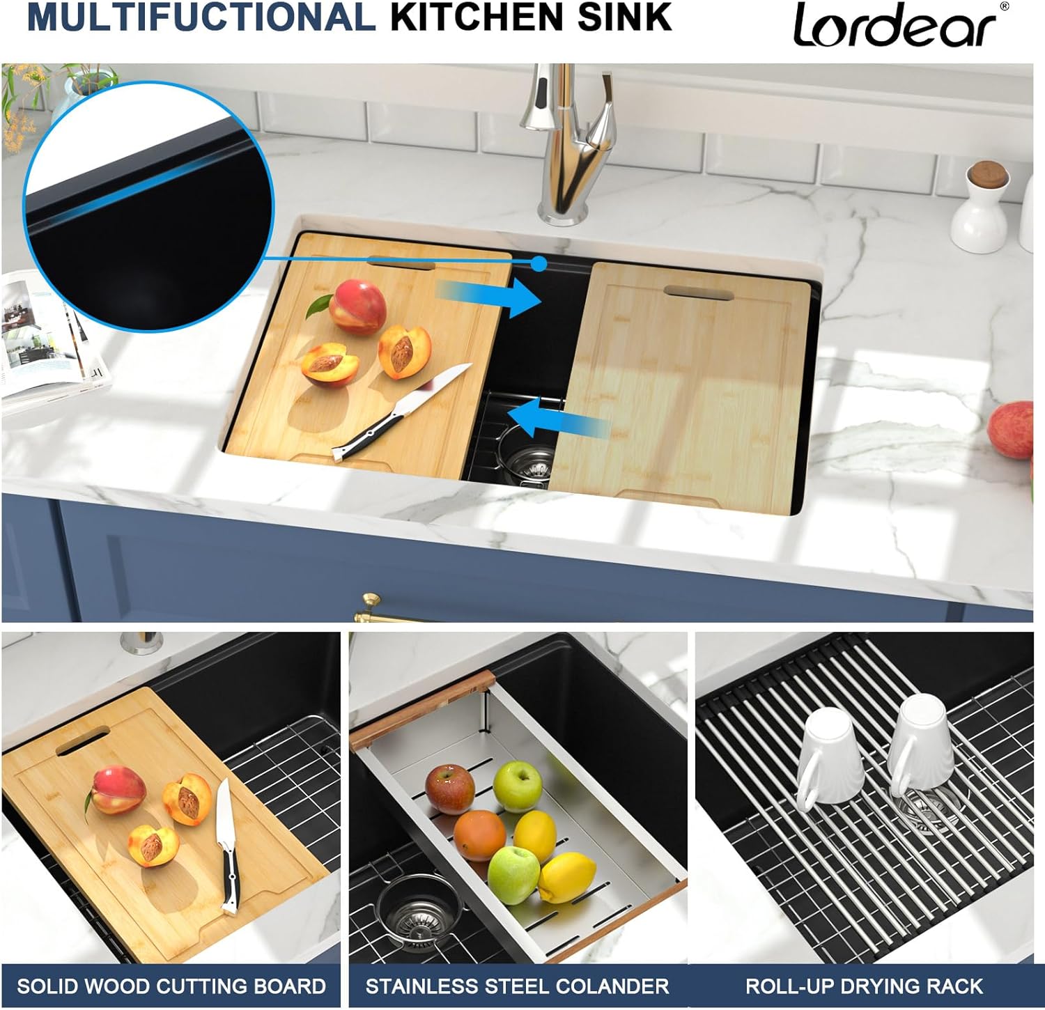 Lordear Undermount Kitchen Sink Composite Granite Sink Quartz Sinks Workstation 28 Inch Black Under Counter Kitchen Sinks 28x19 Inch