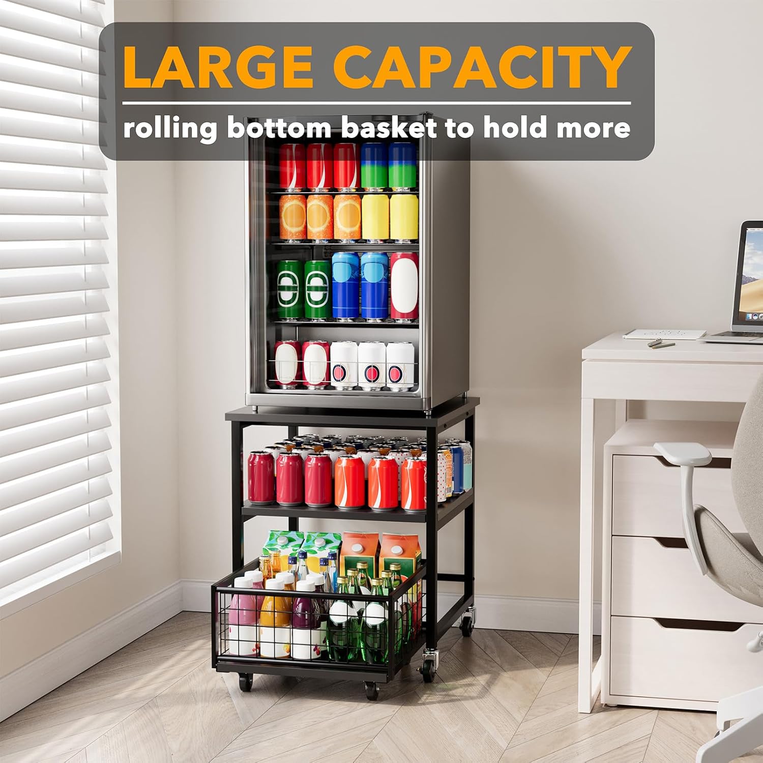 SpaceAid 3 Tier Mini Fridge Stand with Storage and Wheels, Heavy Duty 19.7x19.7in Mobile Refrigerator Shelf Stand Table, Fridge Cart Organizer with Drawer Basket for Home Dorm Office (Black)