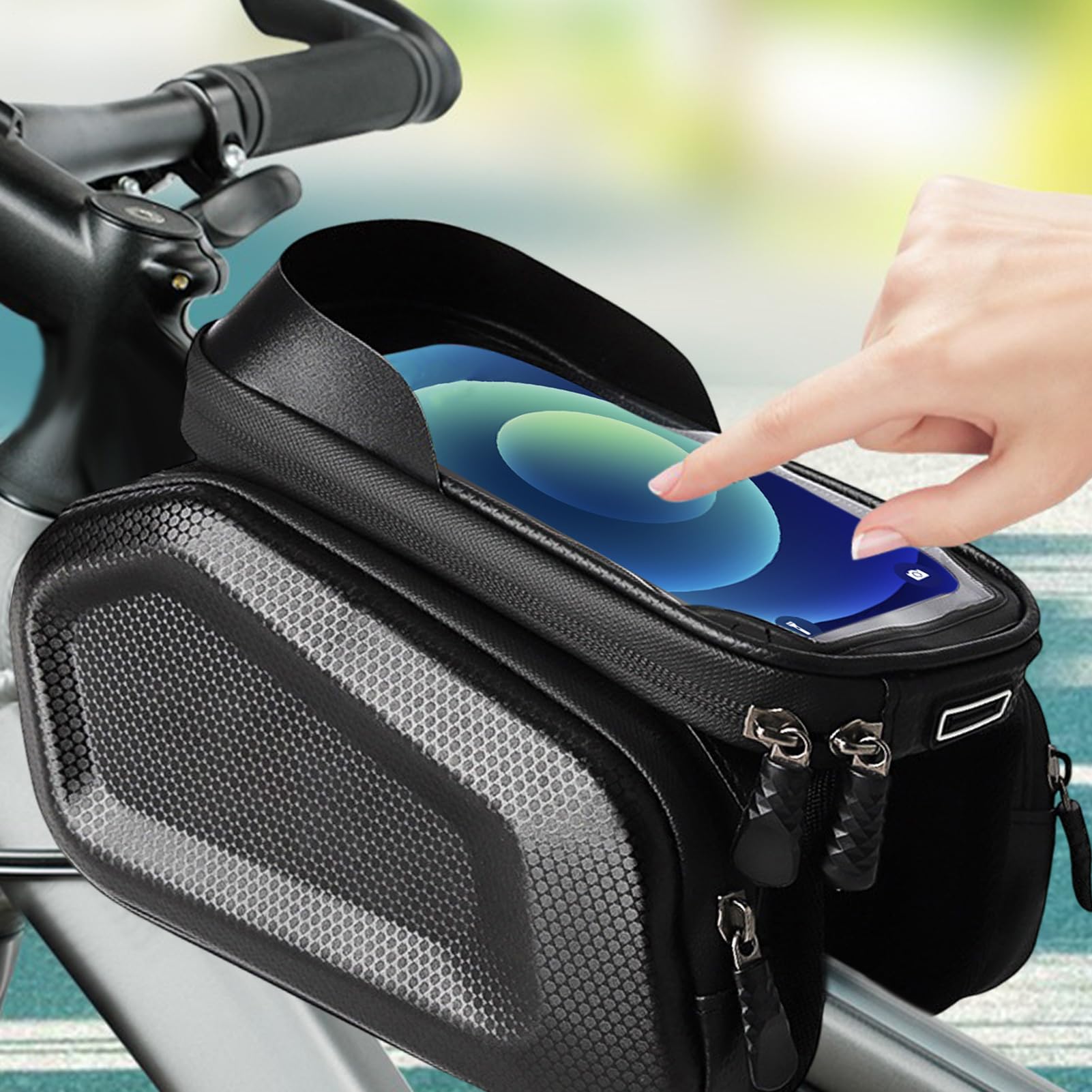 Borsa per biciclette a tubo superiore, supporto per telefono per biciclette - Borsa del telaio anteriore del tubo superiore - Schermo tocco-screen per ciclismo in bici impermeabile con copertura di pi