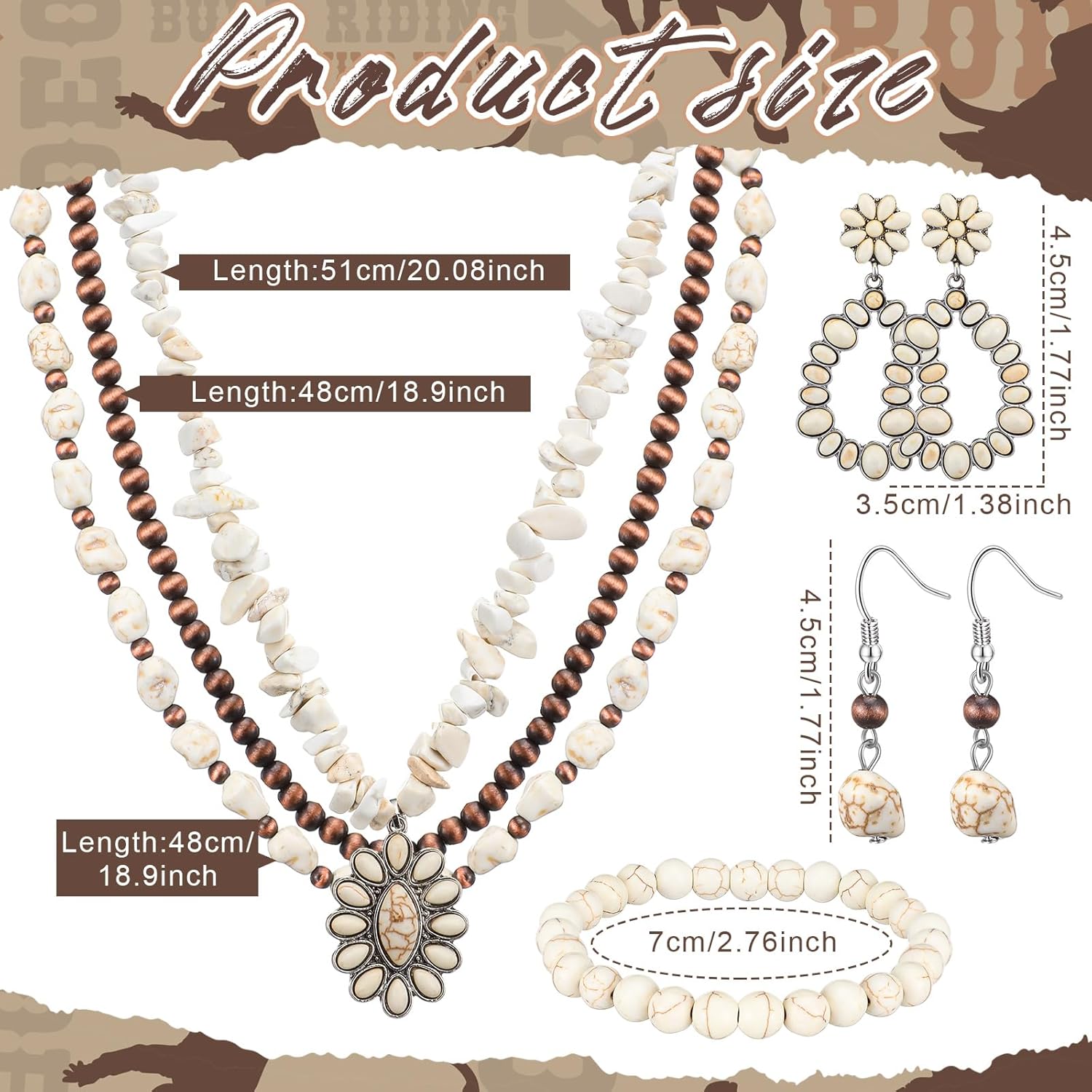 Tondiamo 4 Pcs Western Jewelry for Women Necklace Earrings Bracelet White Western Turquoise Jewelry Sets Boho Vintage Accessories for Cowgirl Gift Dresses - Image 4