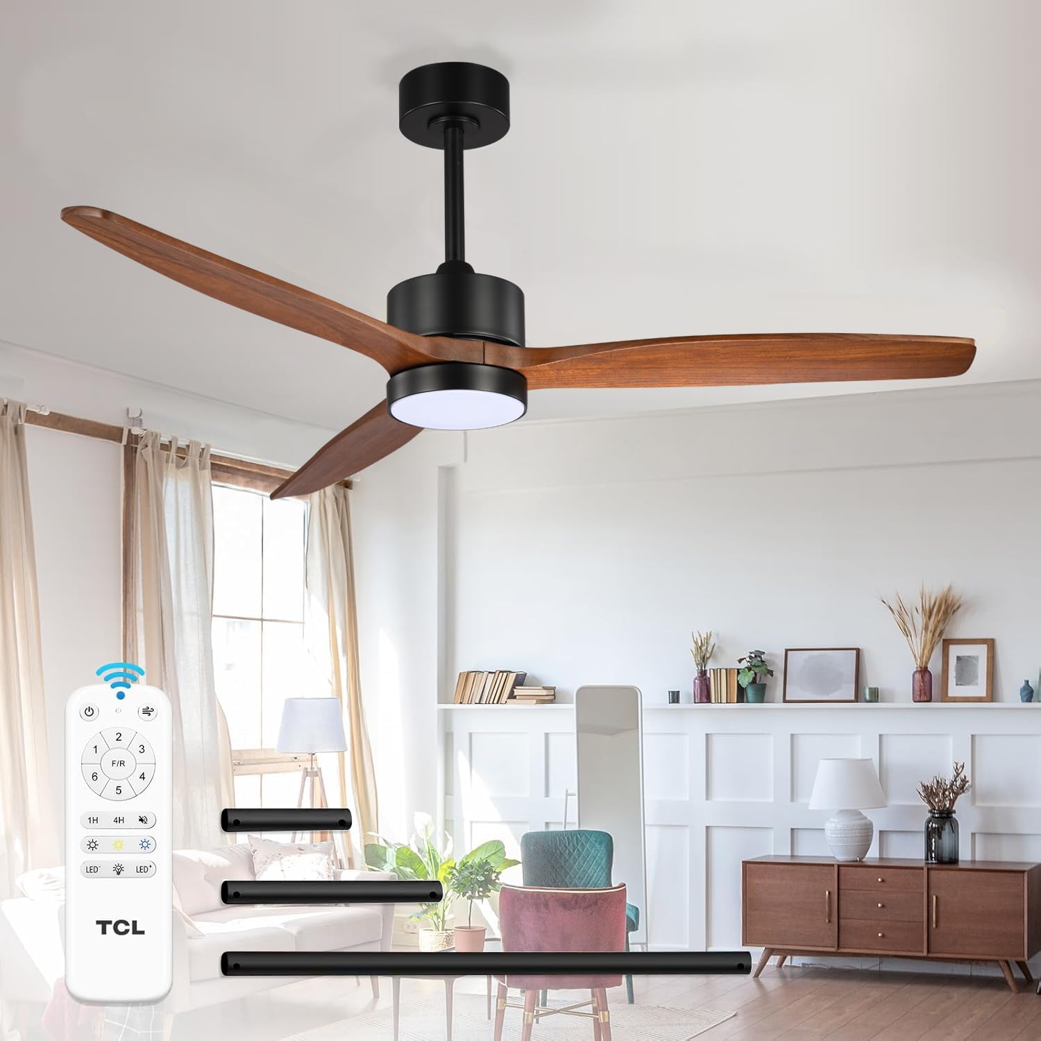 tcl ceiling fans with light and remote: 52 inch 3 wooden blades 3 dimmable led fan for room indoor modern farmhouse decor - 6 speed memory dc reversible fan lights (walnut, 52 inch)