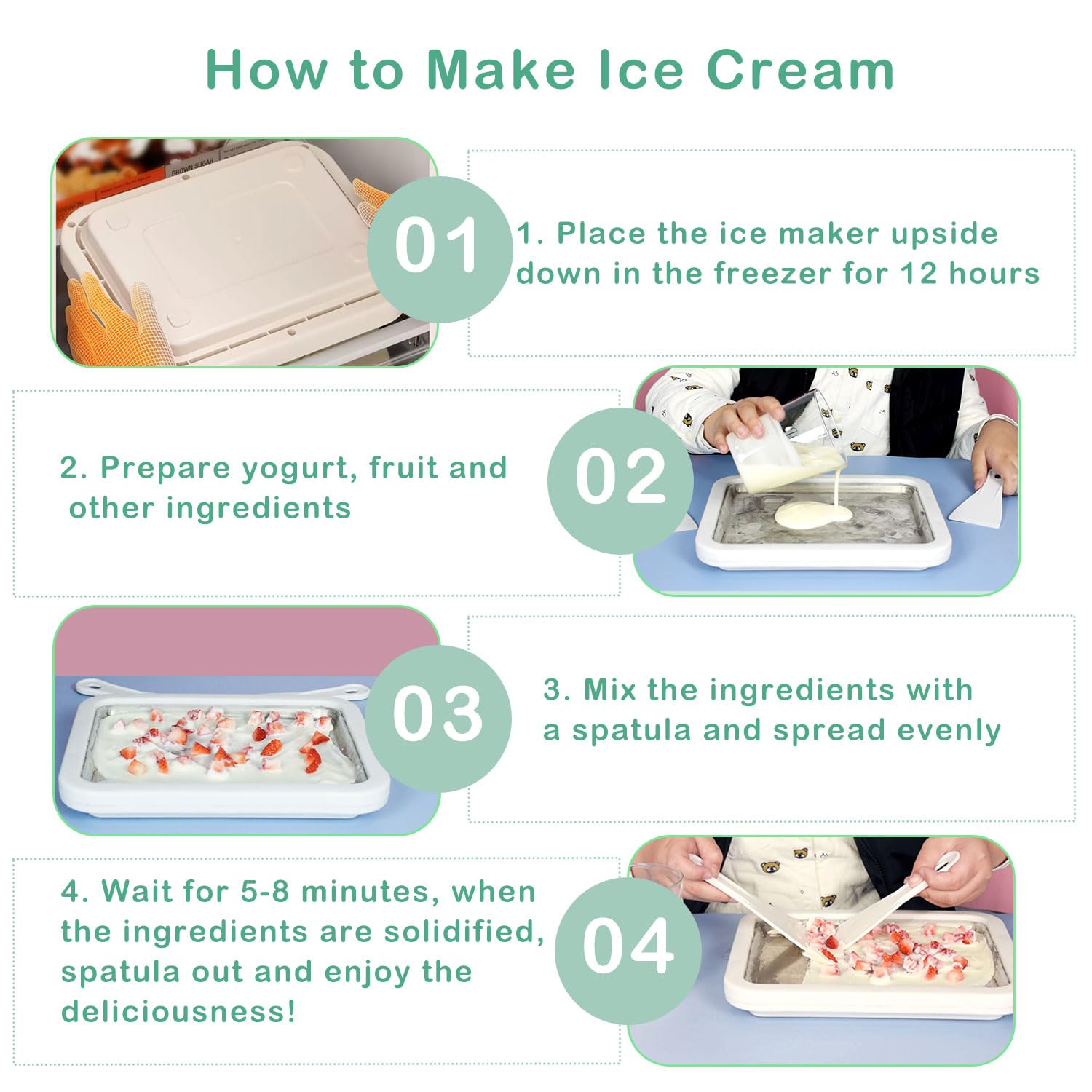 Máquina de rodillos de helado instantáneo con 2 espátulas, máquina de helado enrollada de 26 x 21 cm para sorbete, yogur congelado, helado, helado, máquina casera para hacer yogur congelado para niños