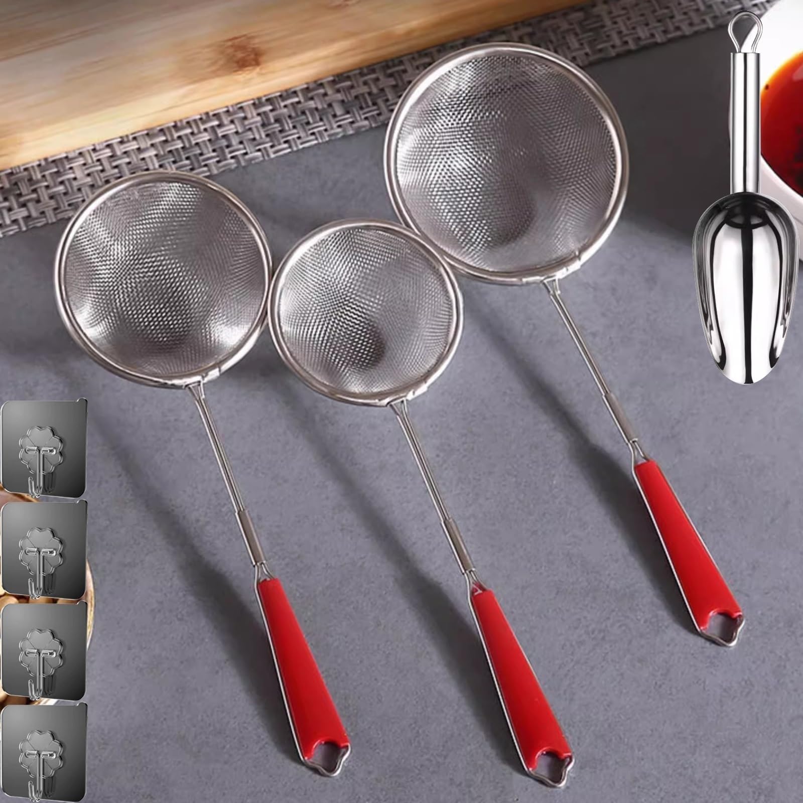 Tamiz de harina de acero inoxidable, tamiz de cocina de acero inoxidable de 3 piezas, colador de freír profundo, tamiz de malla fina, cocina para colar o drenar