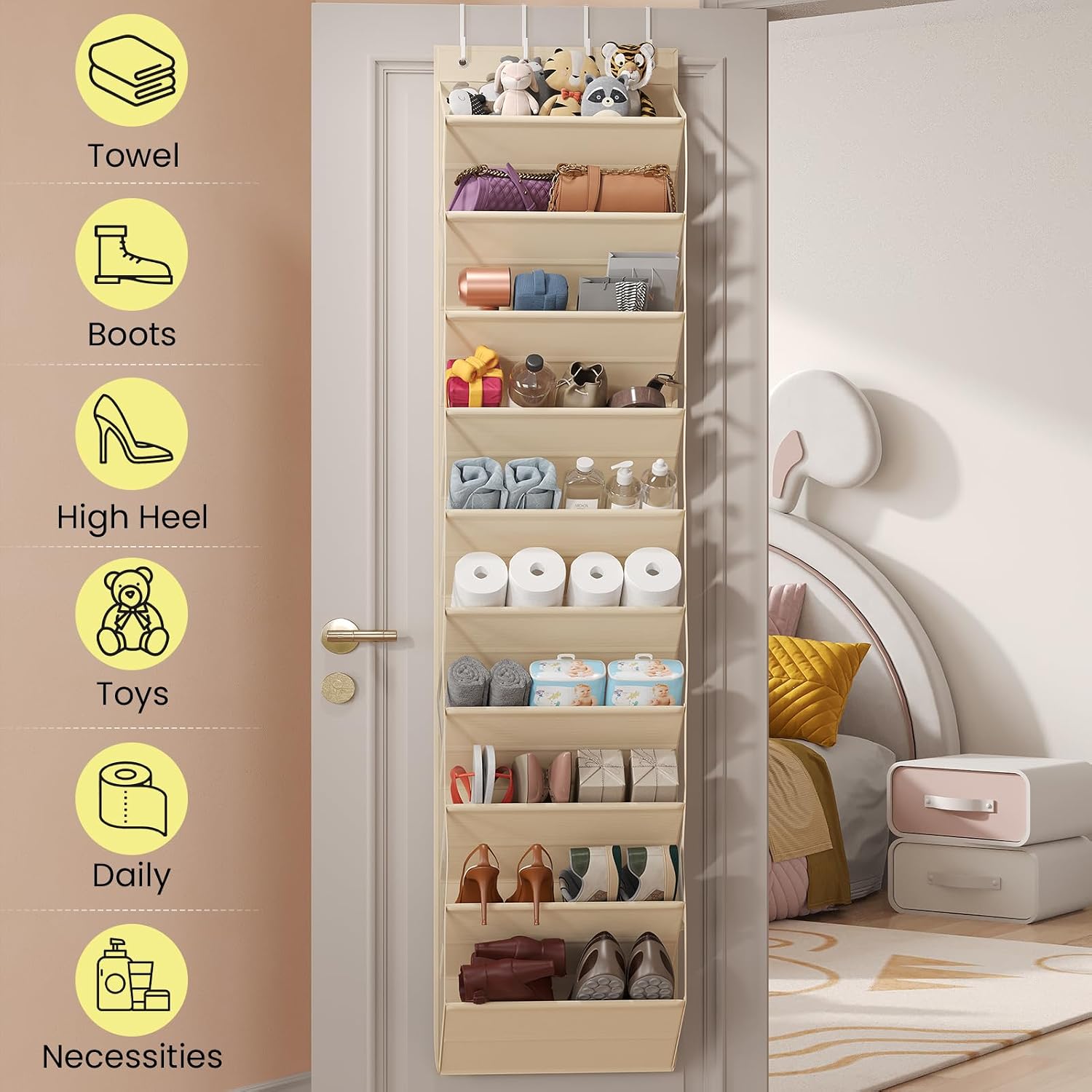 20-25 pairs over the door shoe organizer, clear pockets shoe rack for closet door, 10-tier hanging shoe rack for boots, behind the door shoe holder fit all the family's sneakers, boots, heels, beige beige 20-25 pairs pvc window