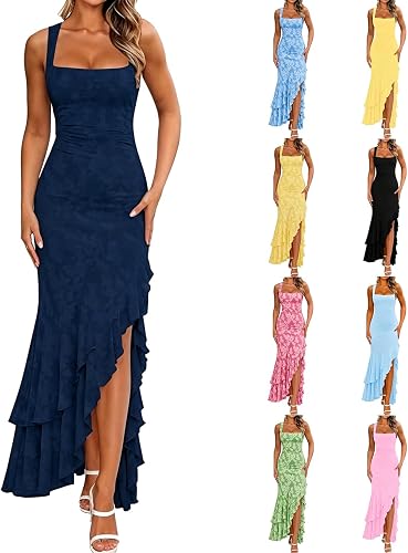 Elegant Floral Ruched Hem Bodycon Party Maxi Dress Women(SH-Navy Blue/XL)