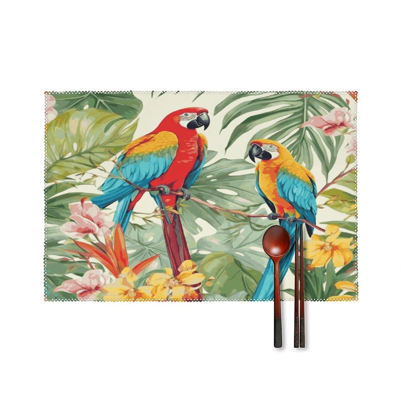 Tropical Plants and Parrots Placemats Set of 6 Heat-Resistant Washable Place Mats Wipeable Kitchen Placemat Easy to Clean for Indoor Outdoor Party Kitchen Decoration