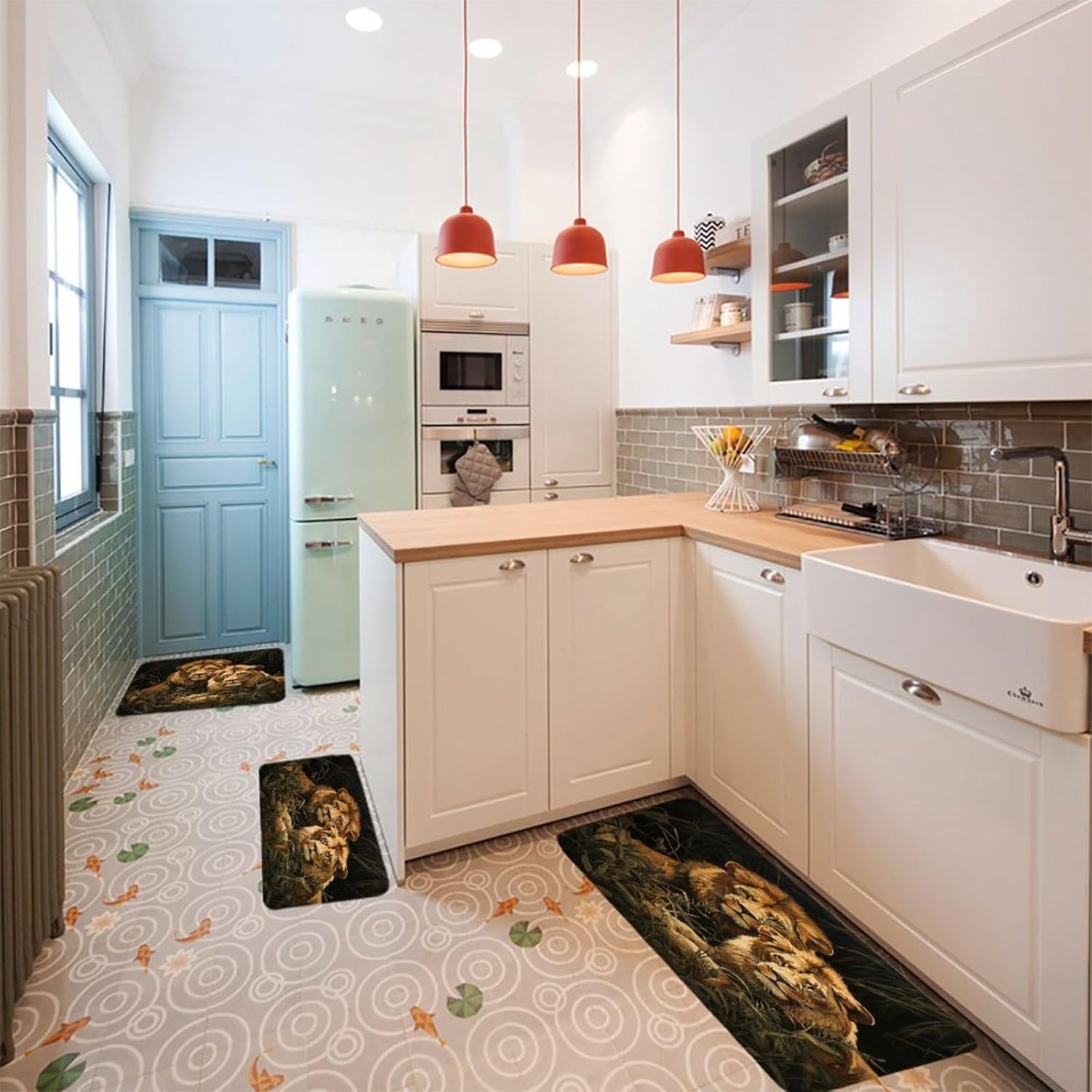 Two Lions Kitchen Mat Set of 3 Waterproof Floor Mats Non-Slip Kitchen Rugs Premium Flannel Rug Heavy Duty Standing Mat for Kitchen Home Bathroom Laundry