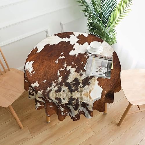 Miniatura 3 de Mantel redondo estampado de piel de vaca roja y blanca de 60 pulgadas, mantel de poliéster lavable, mantel de encaje con patrón ondulado para