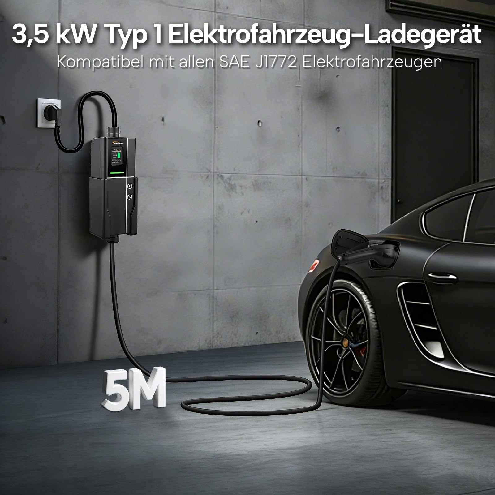 Typ 1 Ladekabel Schuko, 3,5kW /5M EV Ladegerät mit Typ 1 auf Typ 2 Adapter, Verstellbarer Strom 8-16A Elektroauto Ladegerät für J1772 EVs