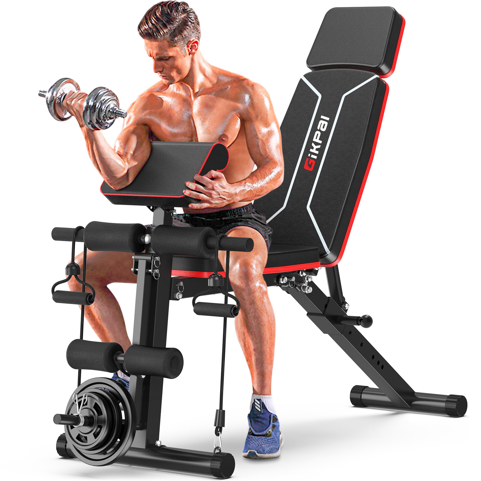 GIKPAL Adjustable Weight Bench - Bench Press for Full Body Workout, Foldable Workout Bench for Home Gym, Strength Training Bench to Incline Decline Flat w/Leg Extension and Pracher Pad (Red)