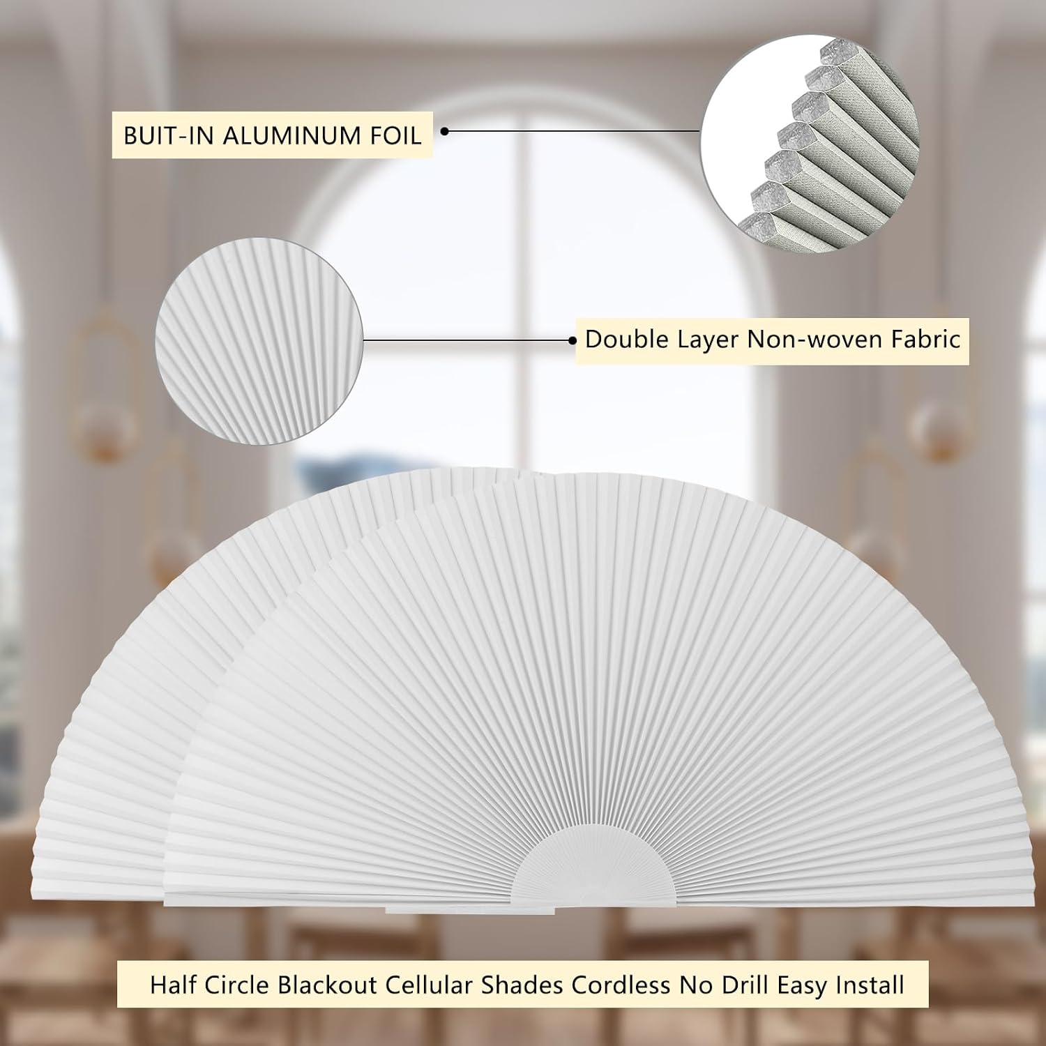 Blackout Half Circle Window Shade Half Moon Blinds, 36" W x 18" H