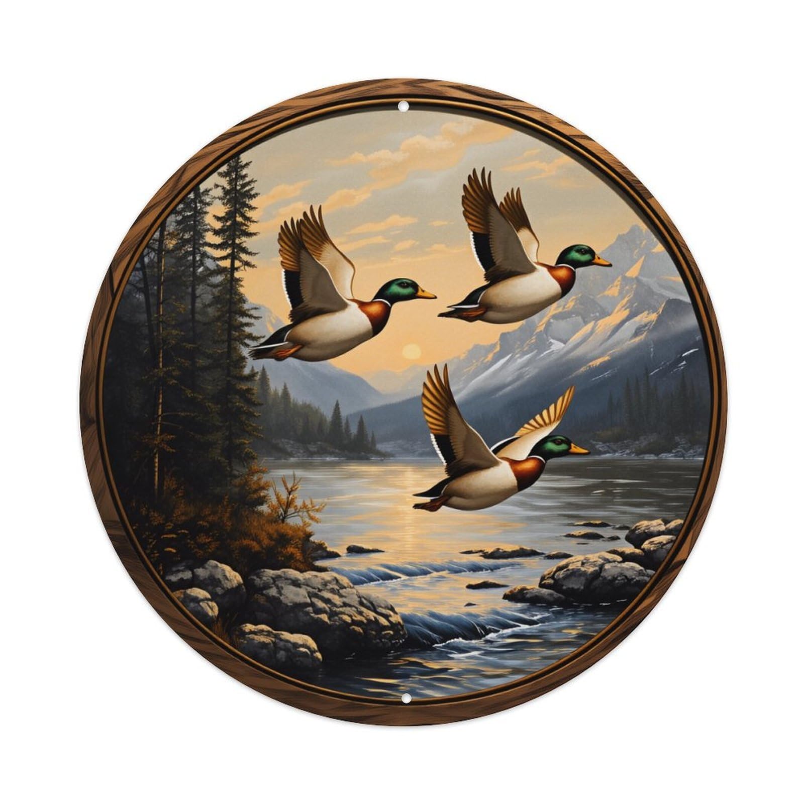 Wmlzdnwr Vintage Ducks Flying Over Mountain Lake Sunset Scene Round Tin Sign,Retro Wall Art,Metal Poster For Home, Bar, Garage, Cafe, Rustic Indoor & Outdoor Decor, 8X8 Inches