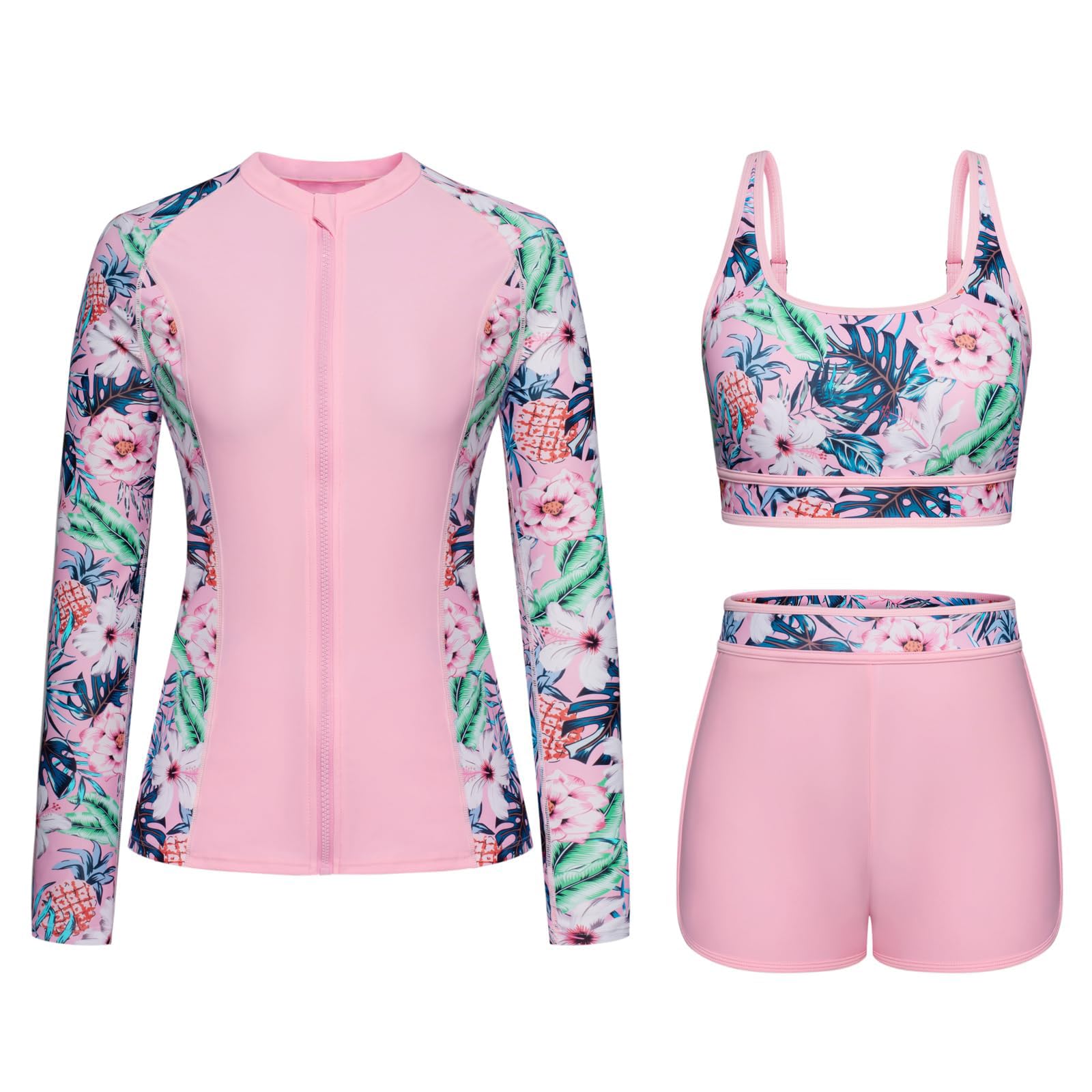 Women's Long Sleeves Rash Guard Athletic Swim Aztec Tankini Sets Swimsuit