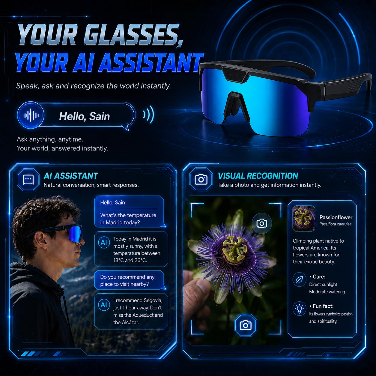 Lunettes intelligentes AI avec appareil photo, photo 30 MP, enregistrement vidéo 1200p, audio Bluetooth à oreilles ouvertes, traduction en temps réel, coffret cadeau pour homme et femme