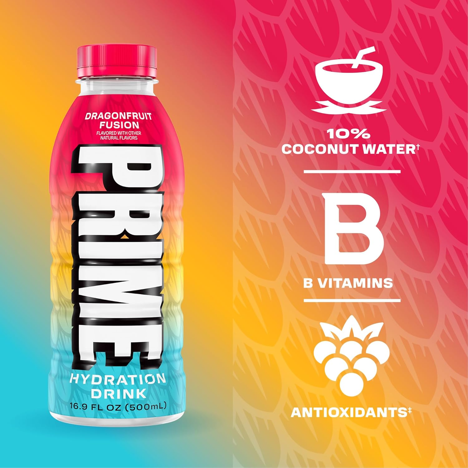 PRIME Hydration DRAGONFRUIT FUSION, Sports Drink with Coconut Water, Electrolyte Enhanced to Replenish Fluids, Zero Added Sugar, B Vitamins, Antioxidants, Made with Natural Flavors, 16.9 Fl Oz 12 Pack