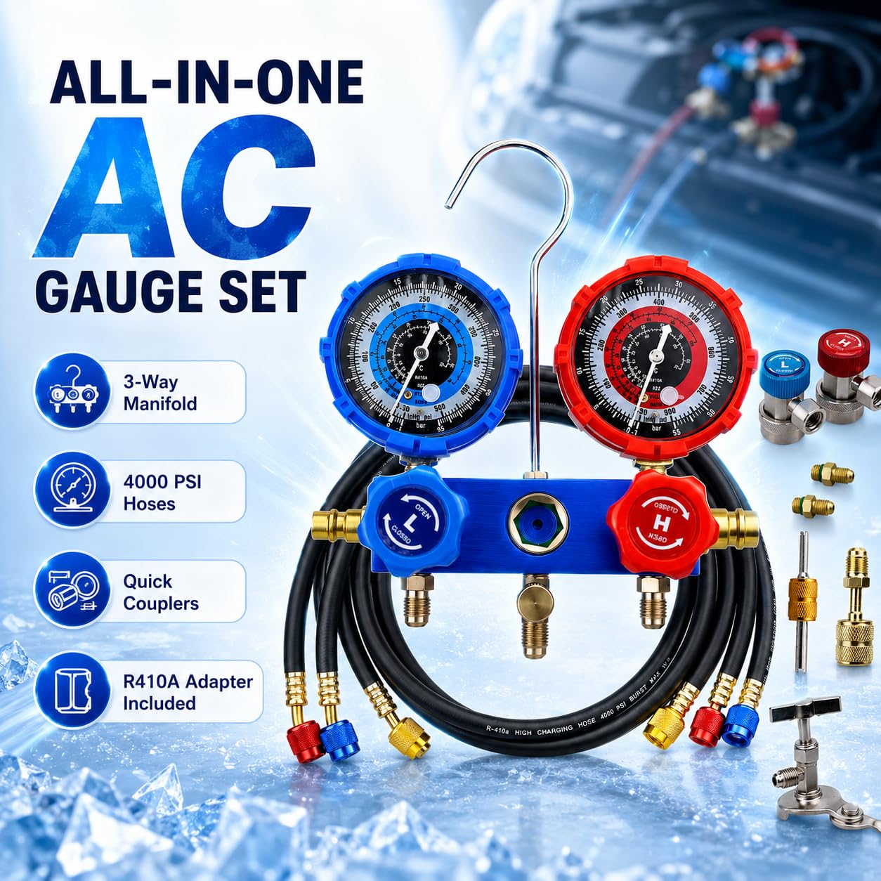 AC Gauge Set HVAC Gauges - 3 Way Manifold with R134A Refrigerant Recharge Kit for R410A, R22, R404A Refrigerants, 4000PSI Hoses, Quick Couplers, 410 Adapter, Puncturing Can Tap & Valve Core Tools