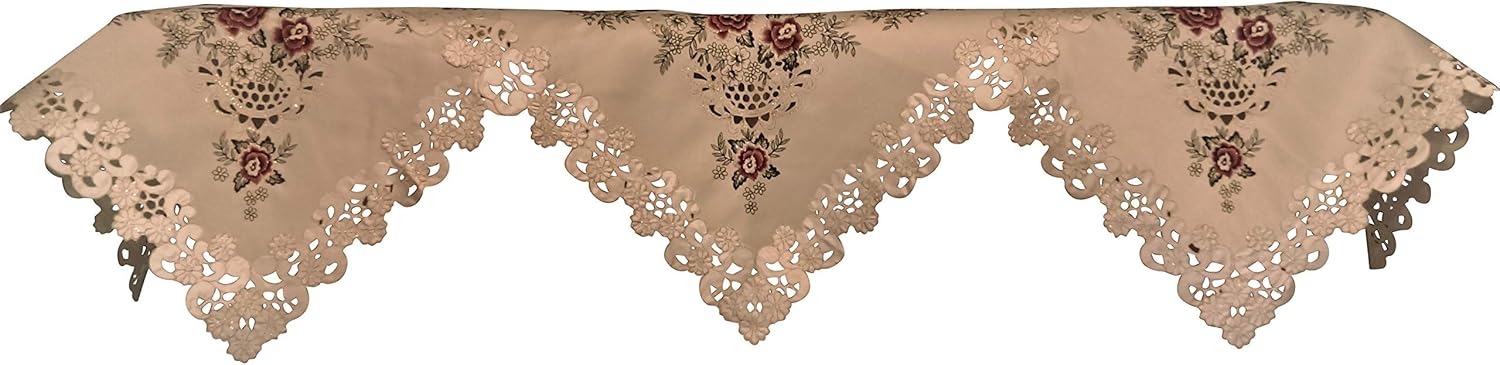 Fireplace Mantel Runner with a Red Burgundy Rose on Ivory Material Handmade, Size 84 x 27 inches