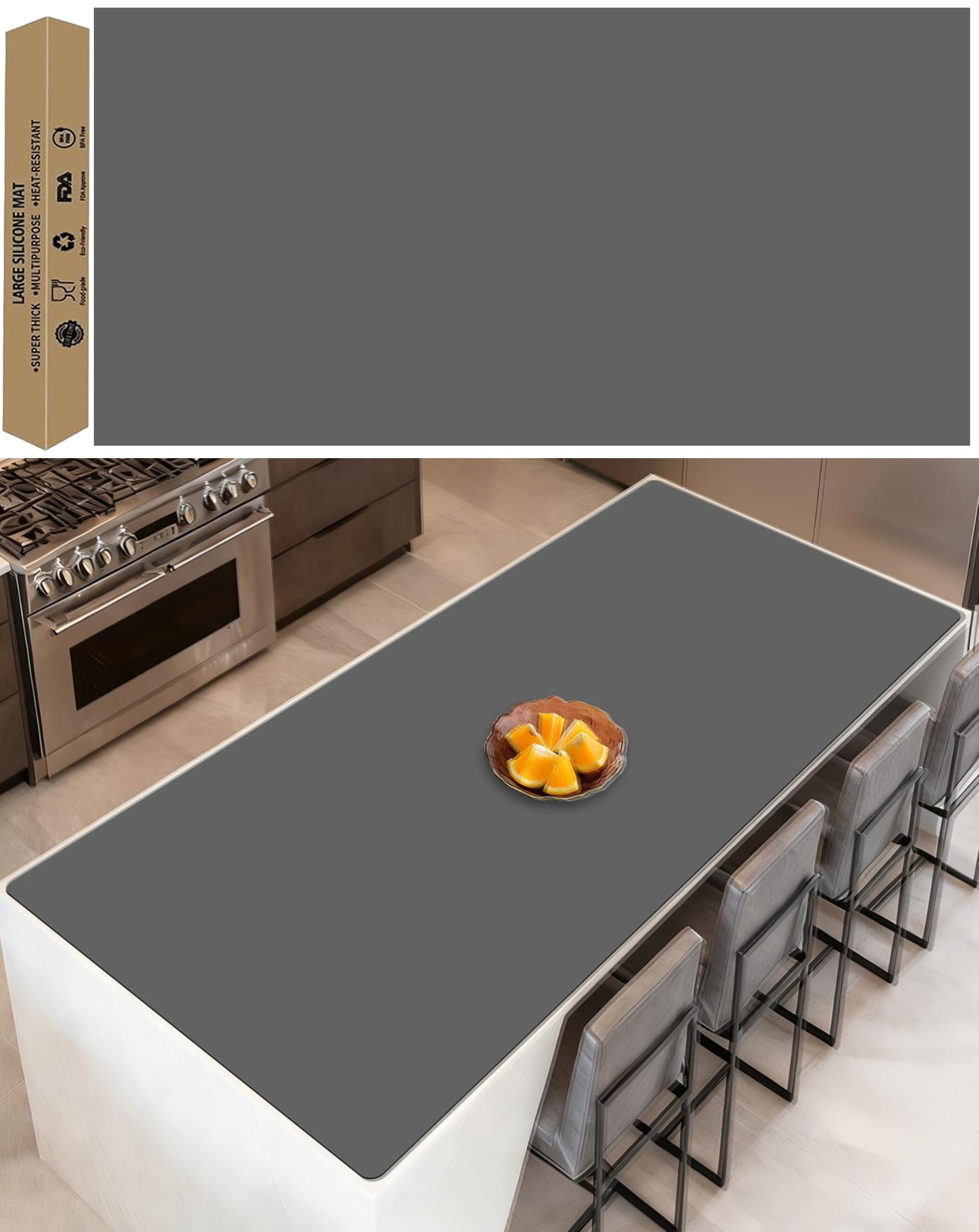 84''x24''(210cmx60cm) Extra Large Silicone Mat for Kitchen Counter, Heat Resistant Countertop Protector, Non-Slip Waterproof Kitchen Island Mat, Easy to Clean, Dark Gray
