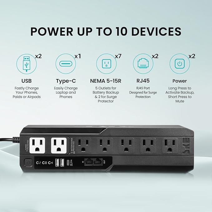 SKE VL625 UPS 625VA/360V - Batería de Respaldo con AVR, 7 Tomacorrientes, USB y USB-C miniatura 2