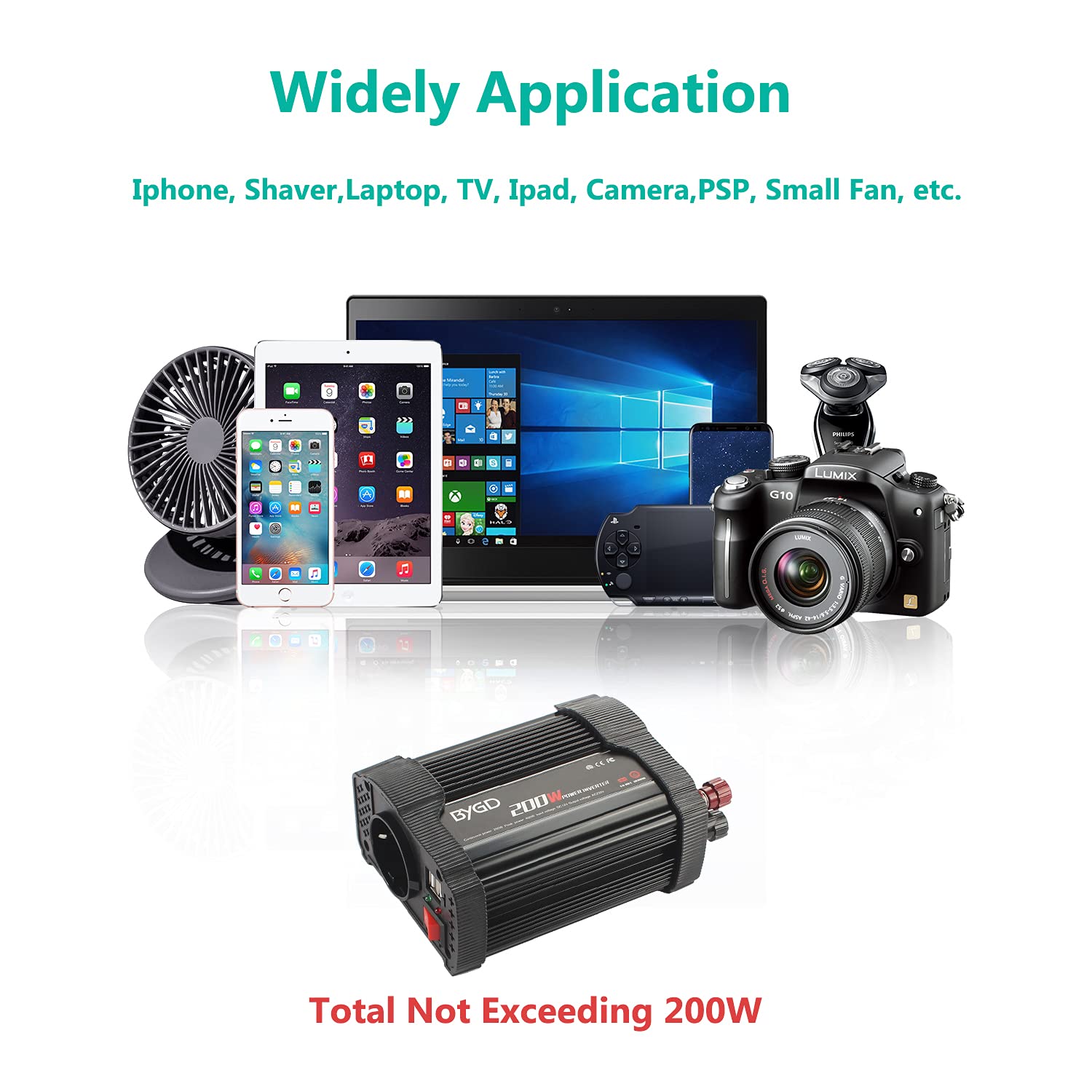 200W Inverter 12v 230V Onda Pura,Invertitore Corrente per Veicoli con Accendisigari e Clip Batteria,di Corrente con 2 Porte USB, per Automobile, Auto Camper e Computer-Nera
