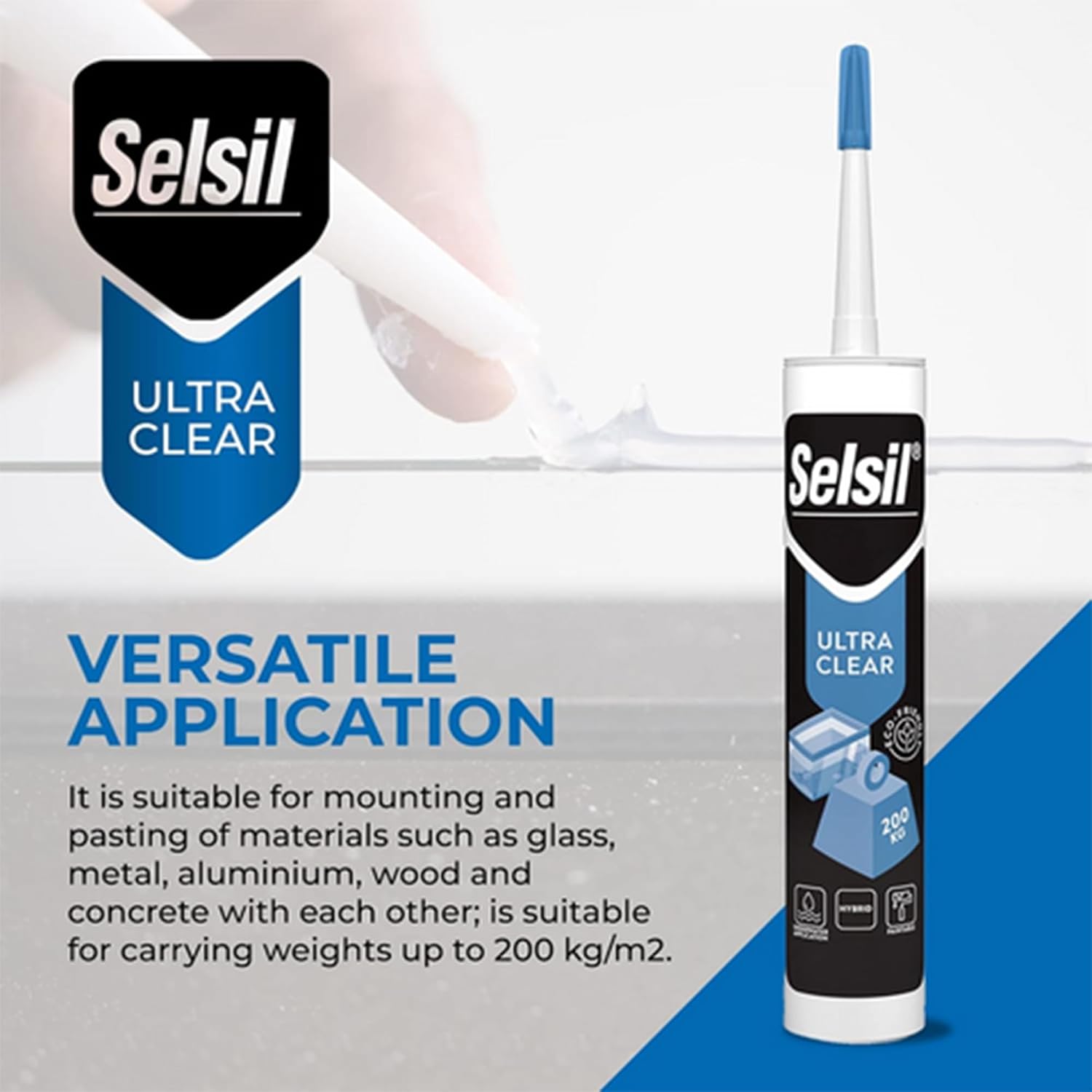 SELSIL Ultra Crystal Clear Mounting Adhesive & Sealant - Indoor & Outdoor Construction Adhesive, 100% Transparent Bonding and Sealing, Waterproof (9.8 fl oz/290 ml)