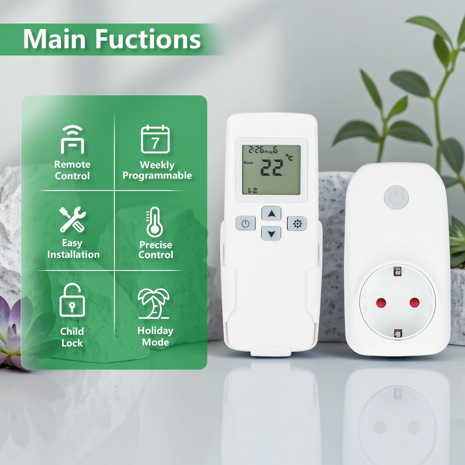 Wengart WG703RF - Juego de termostato inalámbrico para calefacción y refrigeración por infrarrojos, receptor de 16 A con tecnología de emparejamiento fácil, funciona con pilas o USB, detección de