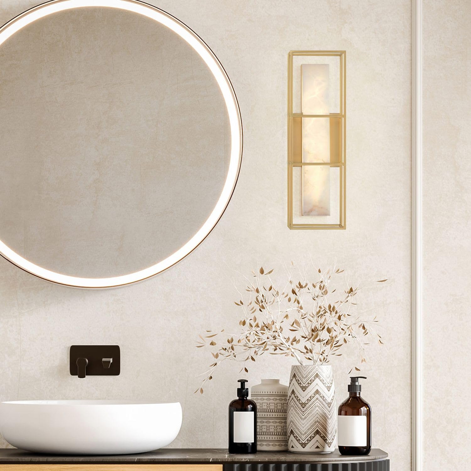 Licht-Erlebnisse Wandlampe LED Badezimmer Wandleuchte IP44 40.6 cm hoch Metall Alabaster in Gold Weiß 3000 K 800 lm Badleuchte Spiegel