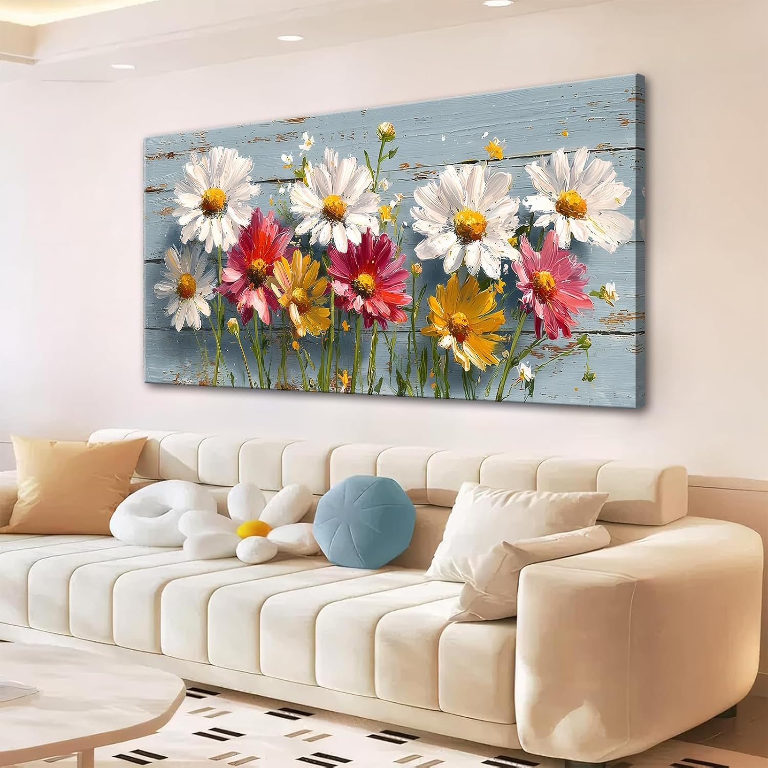 KZKU Wall Art Floral Canvas Printing Art Rustic Daisy Pattern White Pink Yellow Flowers on Blue Wood Background- Large Modern Farmhouse Decor for Living Room Bedroom Artwork Home Decor 24X48in 48"L x 24"W blue