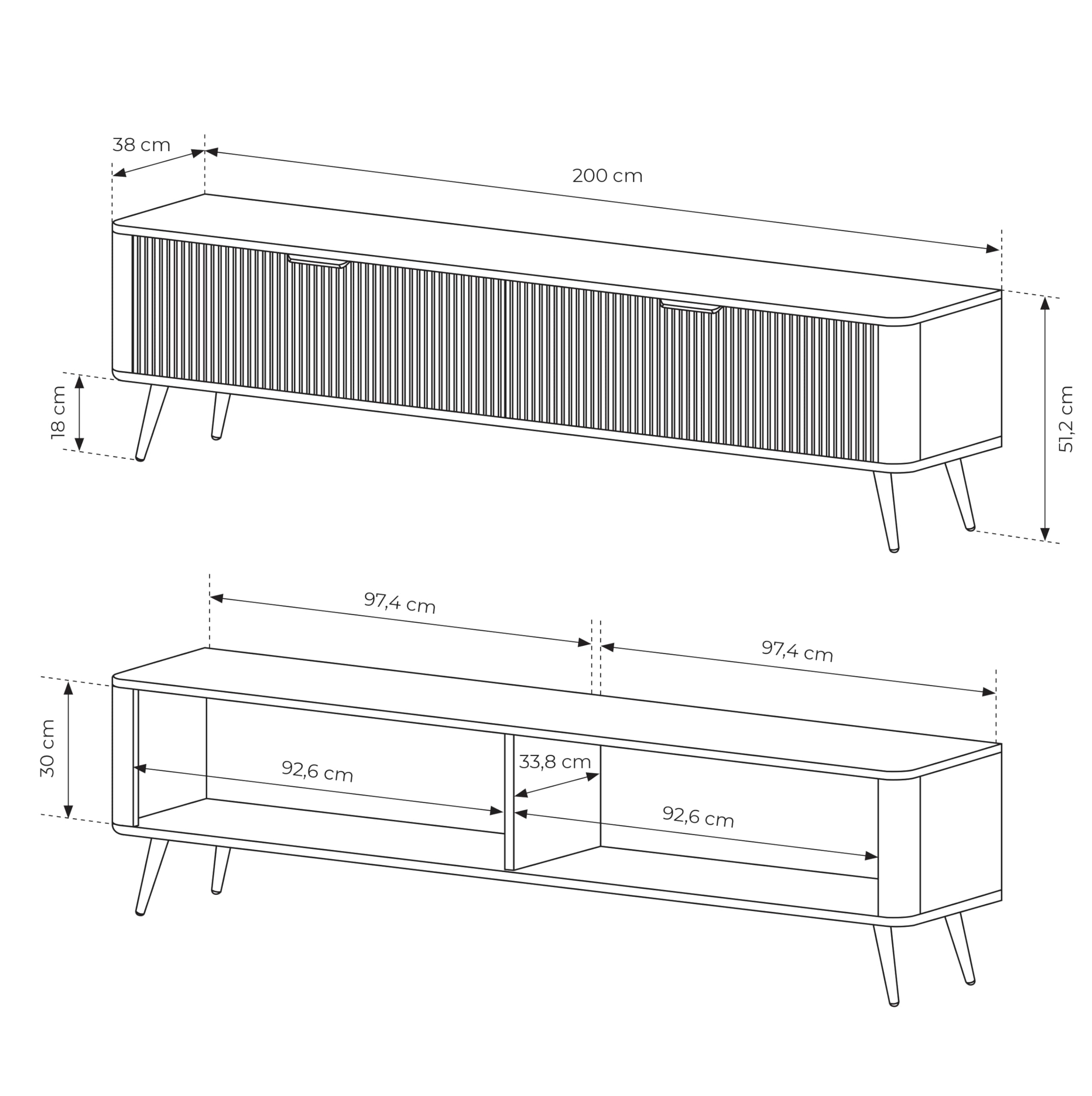Moderner TV Lowboard Schwarz Matt Vespasia 200 2D – 200 cm Breite für Wohnzimmer