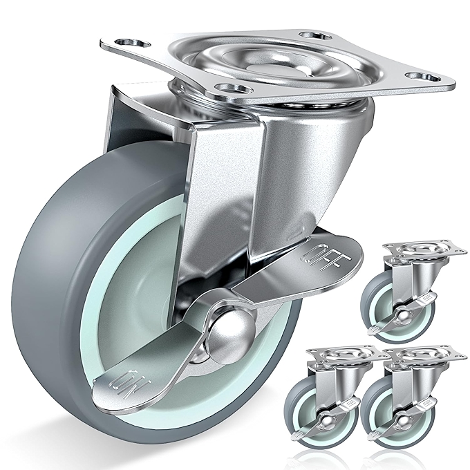 HOLKIE 3英寸带侧刹车旋转轮子 实用TPR家具万向轮 负重500磅