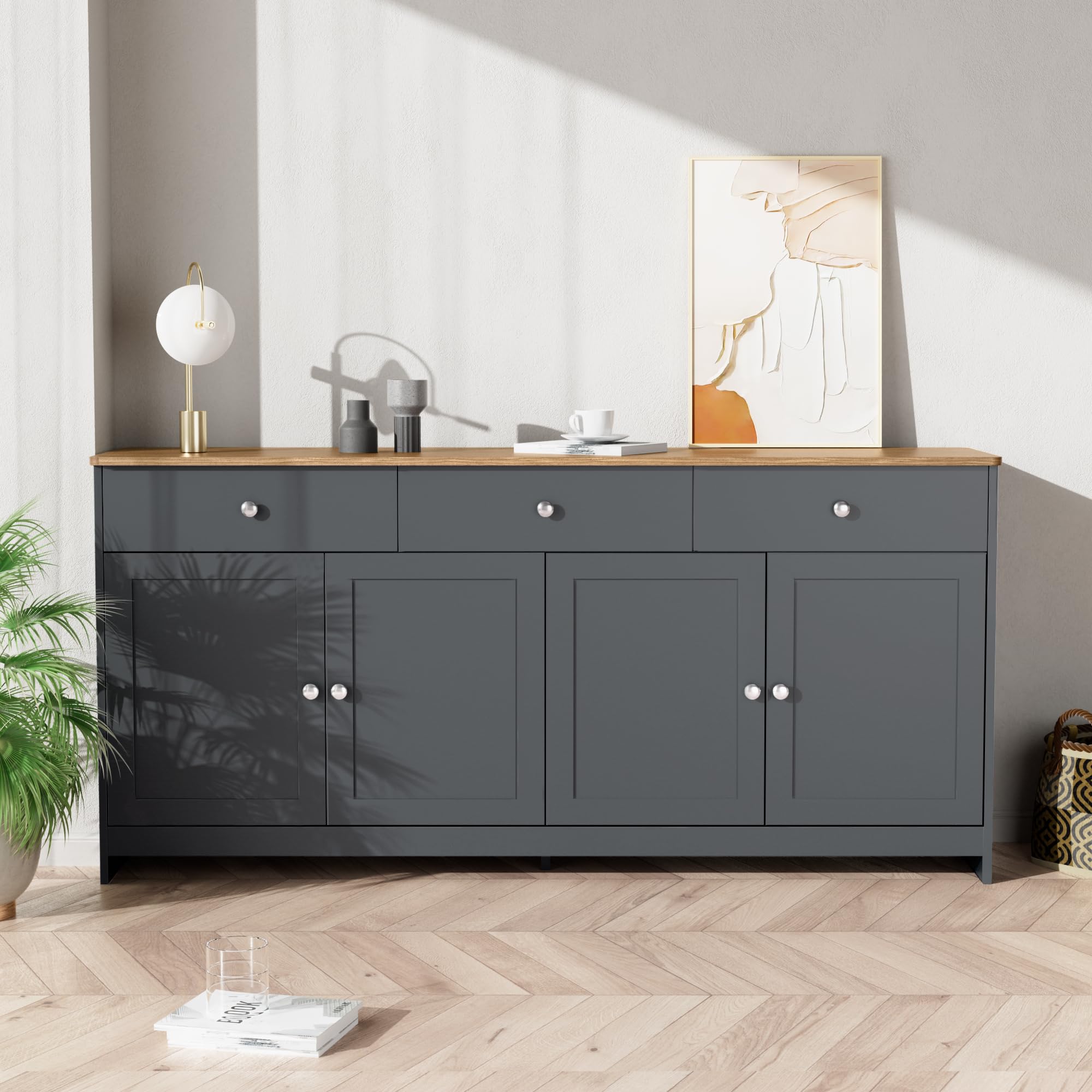 Buffet Bas Noir et Bois 160 cm Meuble Cuisine Rangement 3 tiroirs 4 Portes étagères réglables 50 kg Armoire Rangement vaisselier Portes Buffet Salle a Manger pour Salon