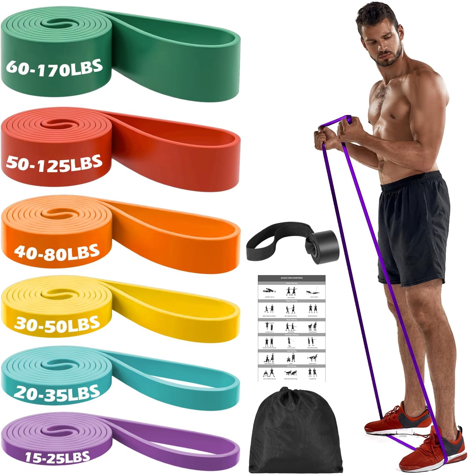 Pull Up Bands Set - 6 Levels Resistance Bands Set for Men and Women - Exercise Loop Bands with Door Anchor, Training Poster & Pouch for Workout Home Gym Exercise, Yoga, Pull Up Assistance Bands