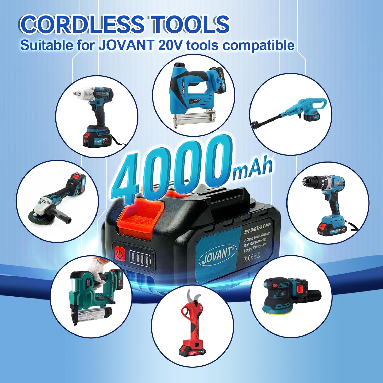20V 4.0Ah Lithium Ion Battery, Replacement Battery with Cell Balancing Function Compatible Chainsaws, Drills, Nail Guns and Pruning Shears