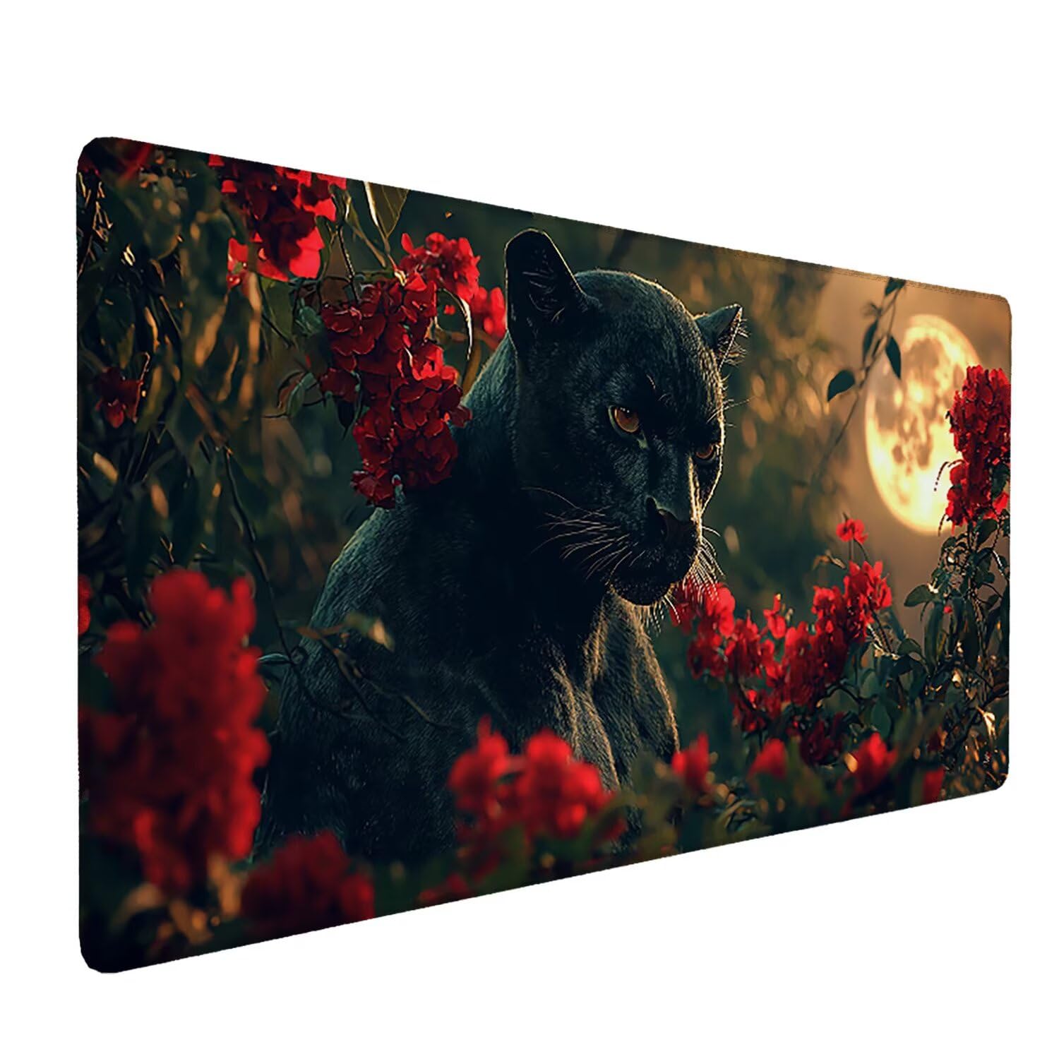 Large Game Tapis de Souris Lune Panthère Noire avec Base en Caoutchouc Antidérapant Extended XXL Long Clavier Pad de Table Grand Tapis Souris, pour Accessoires Gaming 100 x 50 cm k-1122