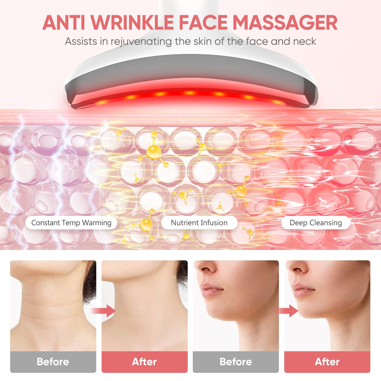 Masajeador Facial Eléctrico, Masajeador Facial Antiarrugas de 6 Modos 7 Colors LED a 45℃ EMS Lifting 4 Niveles Vibración Faciales Reductor de Papada Máquina de Belleza Para Cuello Mujer