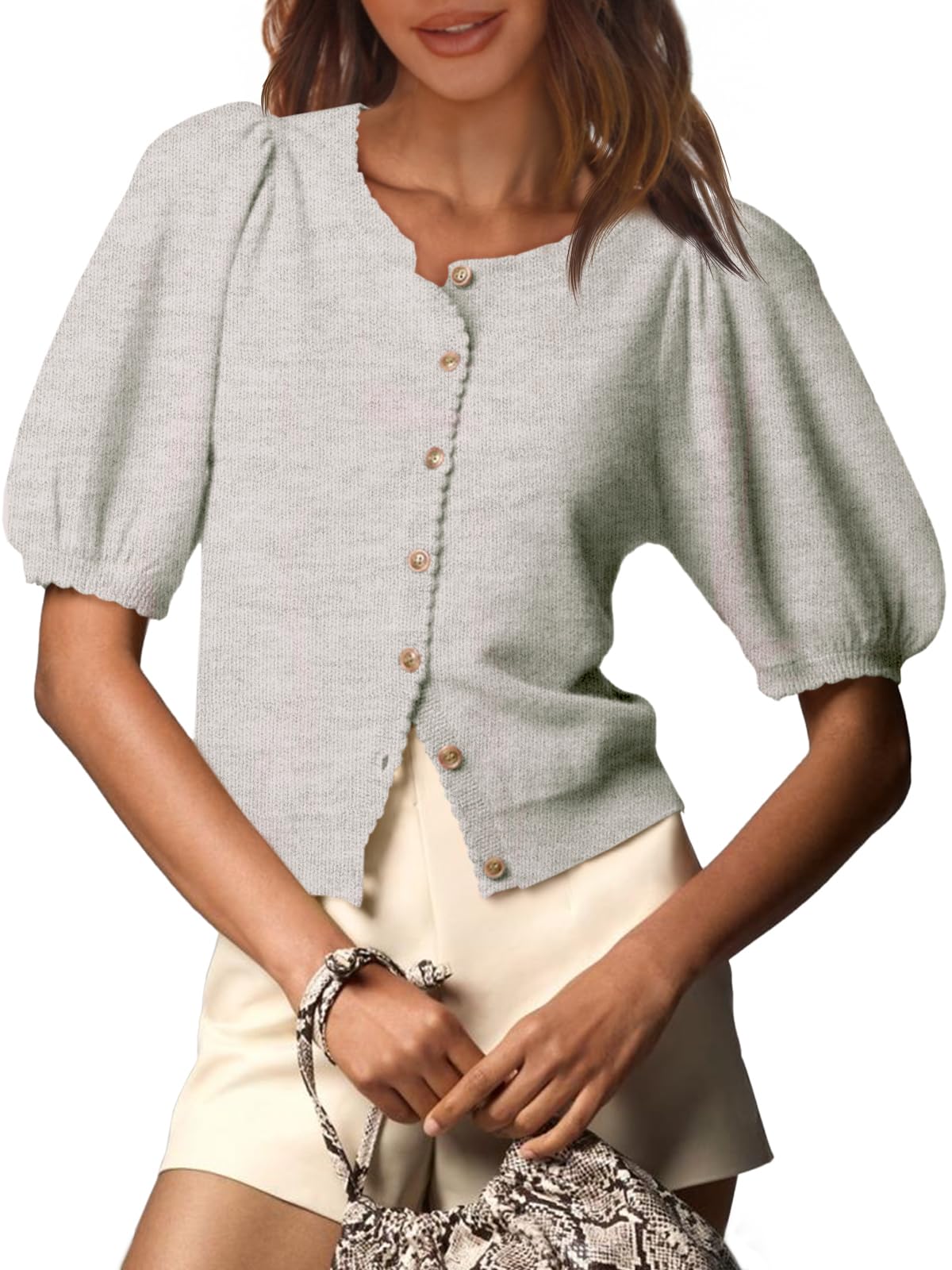 Saodimallsu Womens Puff Short Sleeve Cardigan Lightweight Summer Button Down Shirts Knit Crew Neck Sweater Tops