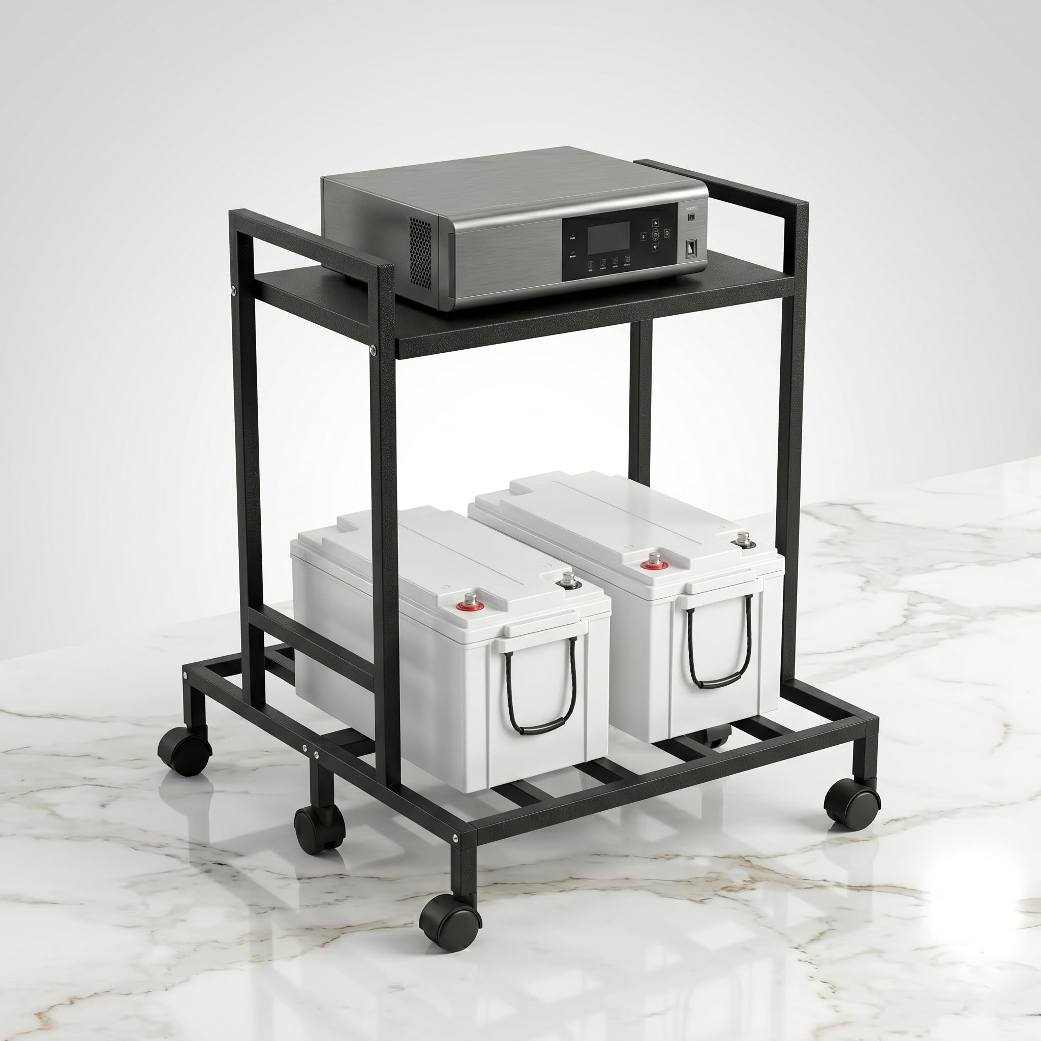 BASIC BUILD Heavy-Duty 2-Tier UPS & Inverter Stand – Metal Battery Trolley with Dual Shelf Storage, 360° Smooth Caster Wheels, Strong Load Capacity 100Kg+ for Home & Office (Black)-picture-12