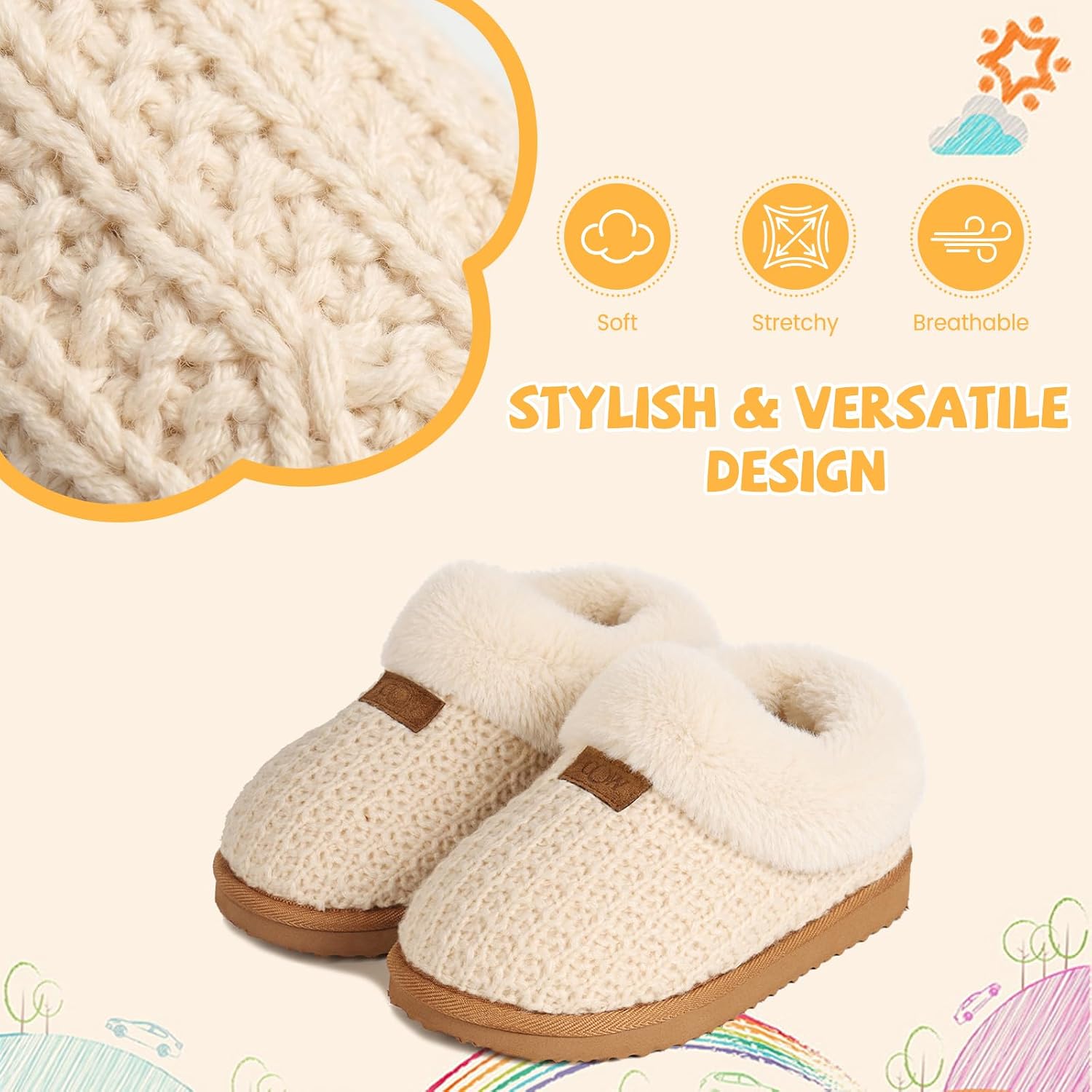 OOW Fuzzy Kids Slippers for Girls Boys Warm Plush Lined House Shoes Cozy Memory Foam House Slippers Bedroom Indoor and Outdoor
