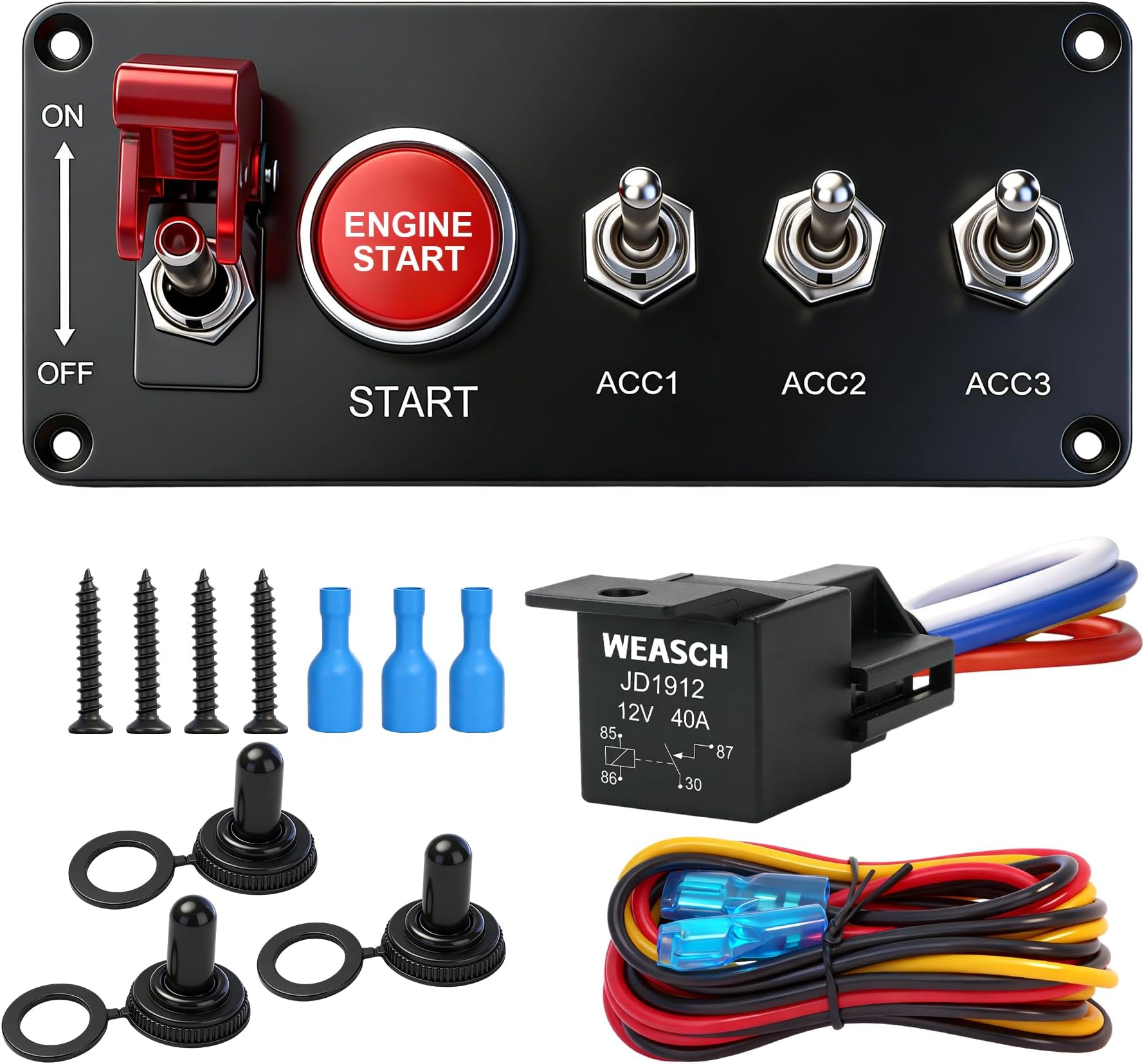 12V Ignition Switch Panel, 5 in 1 with Engine Push Button Toggle Switches, with 12AWG Relay Kit for RV Truck Racing Car Boat Marine Trailer