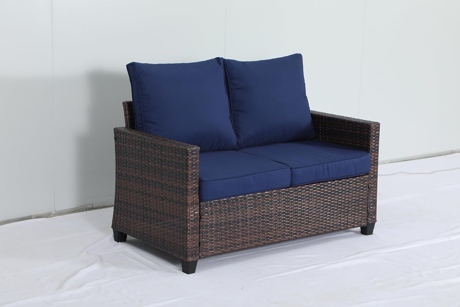 Outdoor Wicker Loveseat with Navy Blue Cushions, Patio Rattan Sofa