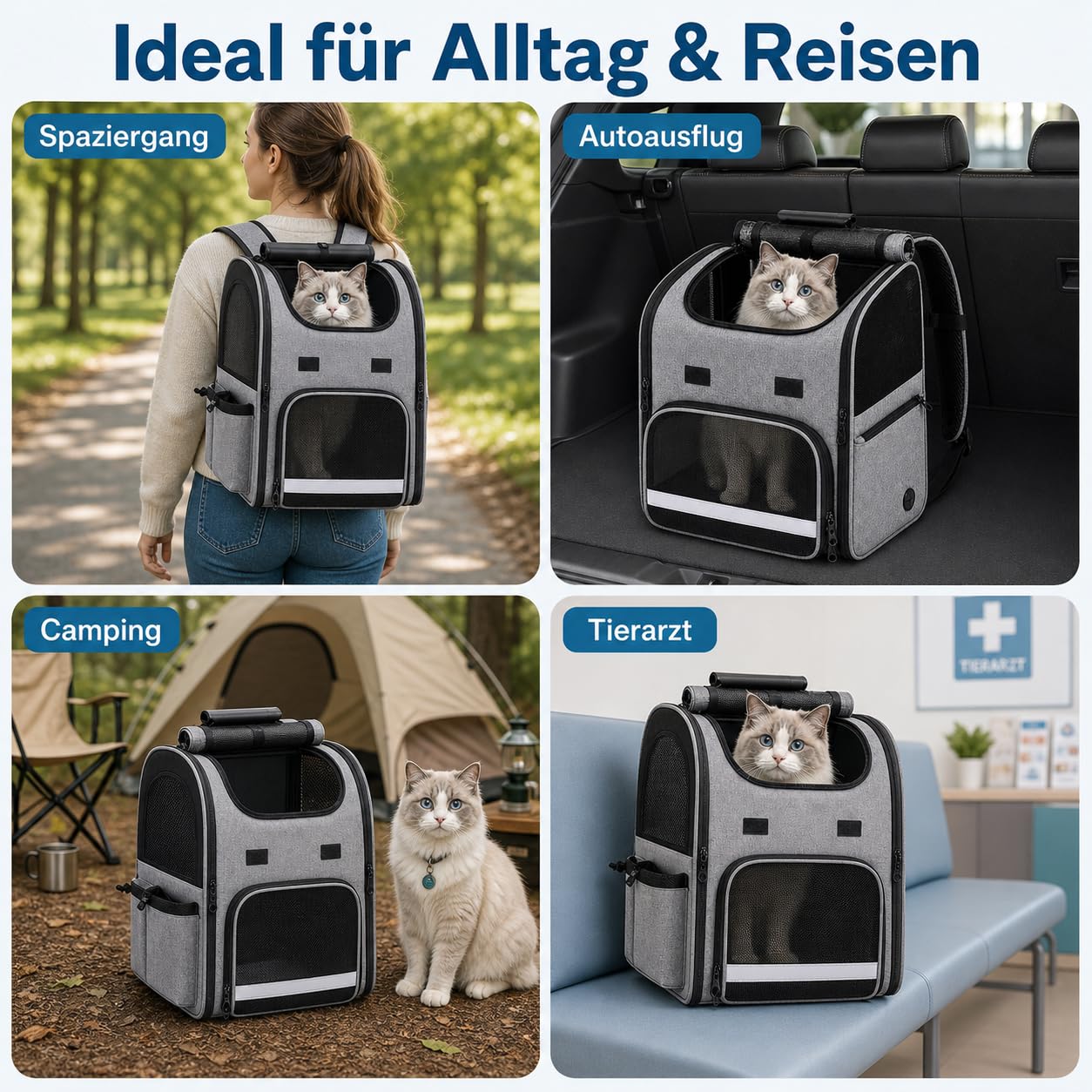 Katzenrucksack Faltbar, Hunde Rucksack, Haustier Rucksack mit verstellbaren Schultergurten, Abnehmbares Plüschpolster Katzen Transport Rucksack mit für Katzen bis 10KG Reisen, Walken (Schwarz)