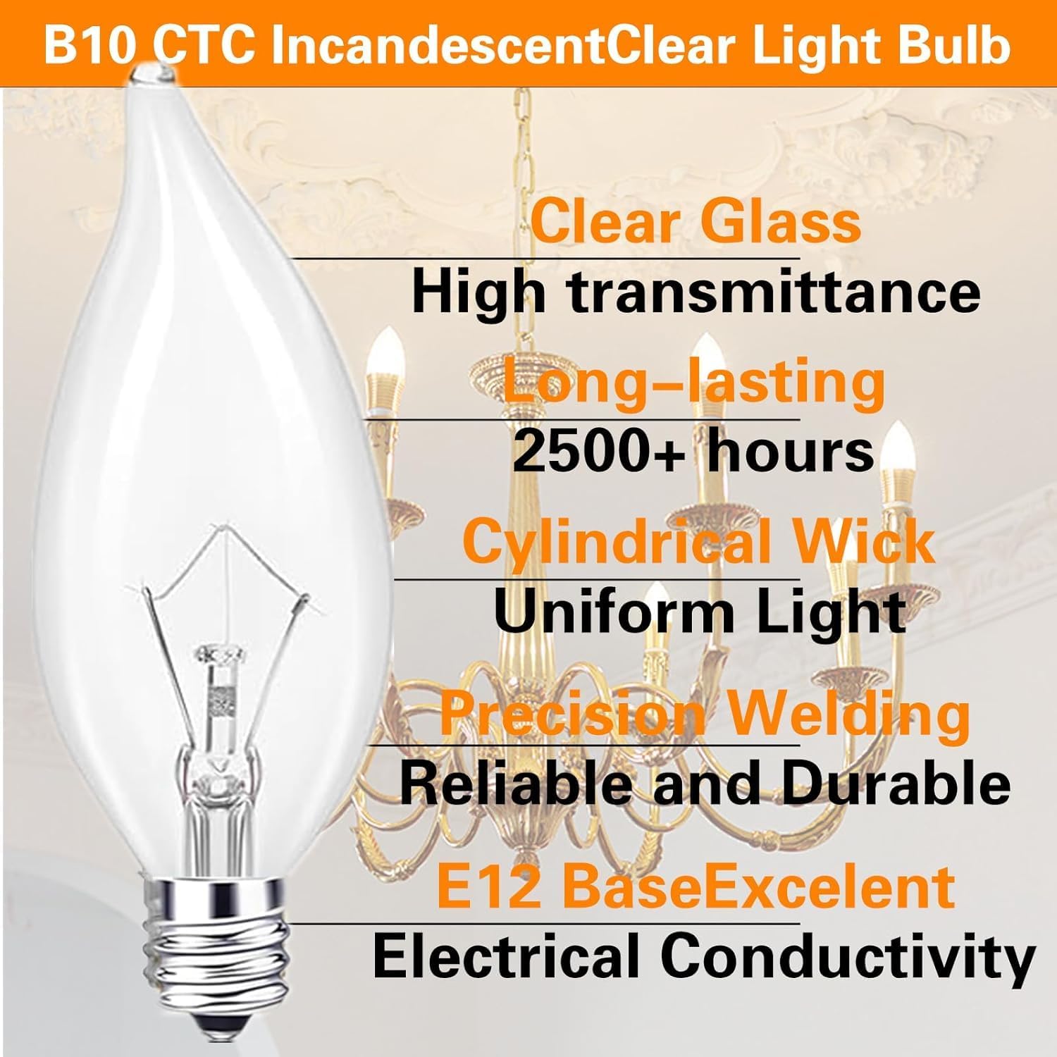 E12 Candle Light Bulbs,40W Candelabra, E12 B10 Clear Candle Base Bulb with Warm White 2700K, 600 Lumen Dimmable, Flame Shaped Incandescent Chandelier Light Bulbs,Dimmable, Warm White