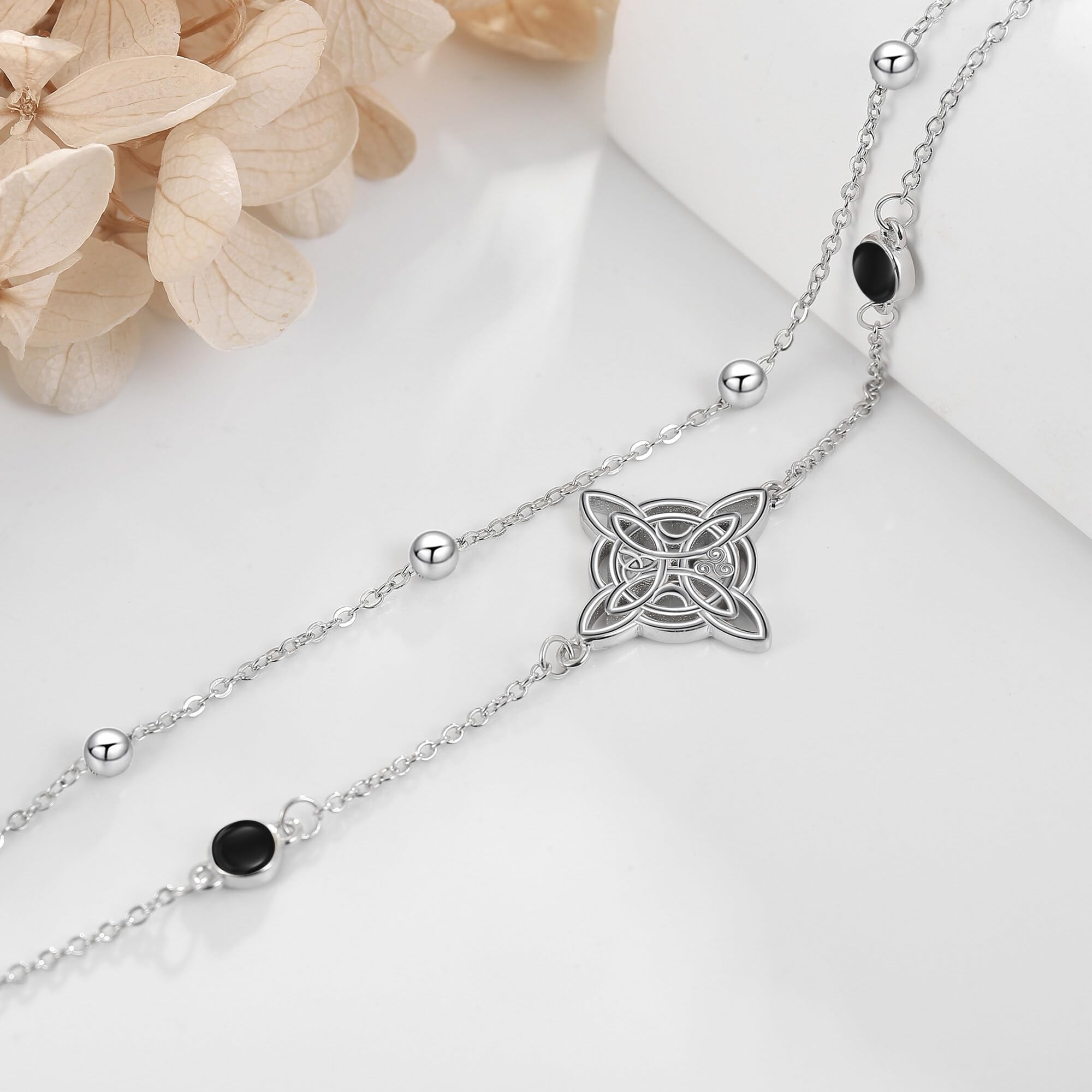 URONE Bracciale con nodo di strega in argento Sterling 925 con onice nero, nodo celtico, multistrato, idea regalo per donna
