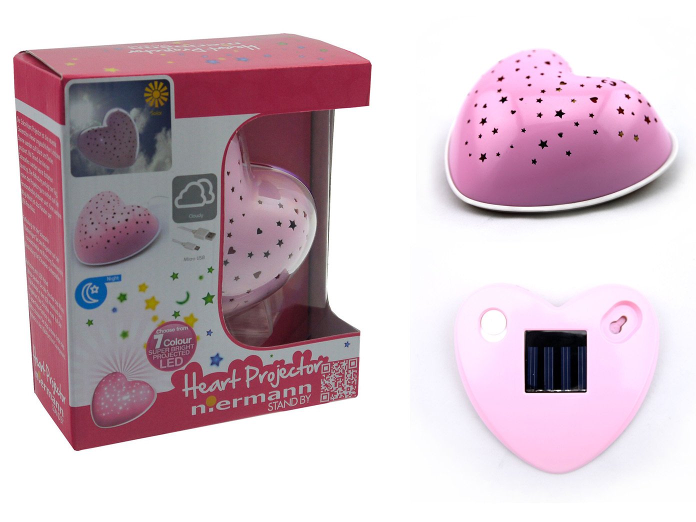Niermann Standby 2er Set zauberhafte LED Nachtlichter in rosa SOLAR HEART, projiziert Herzen & Sterne, mit Solar und USB aufladbar