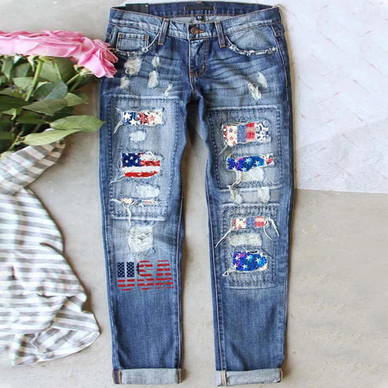 4Th of July American Flag Patch Print Ripped Boyfriend Jeans for Women