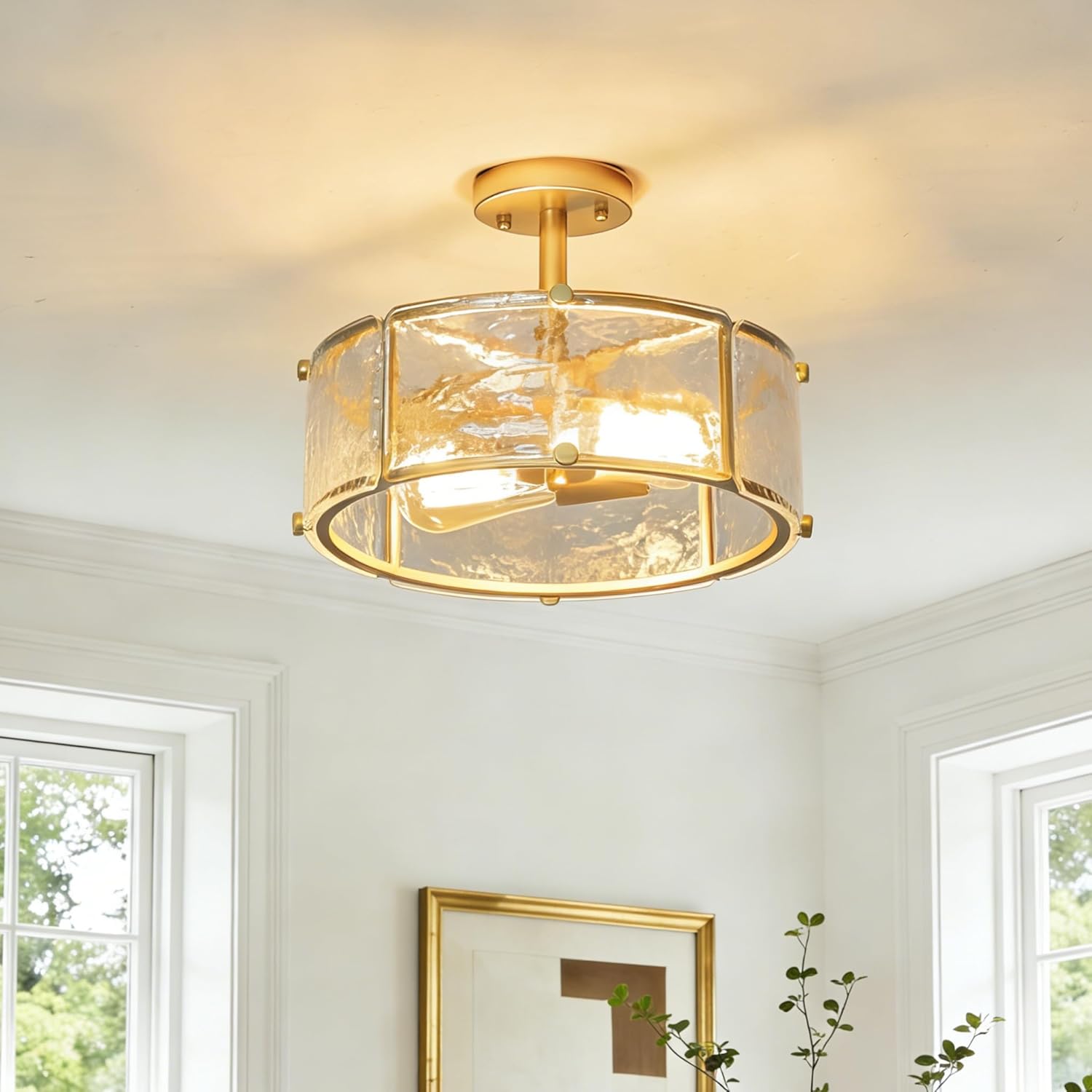12.8" Modern Gold Semi Flush Mount Ceiling Light Fixture, 2-Light Glass Drum Ceiling Light, Small Hammered Glass Ceiling Lights for Dining Room Foyer Kitchen Hallway Entryway