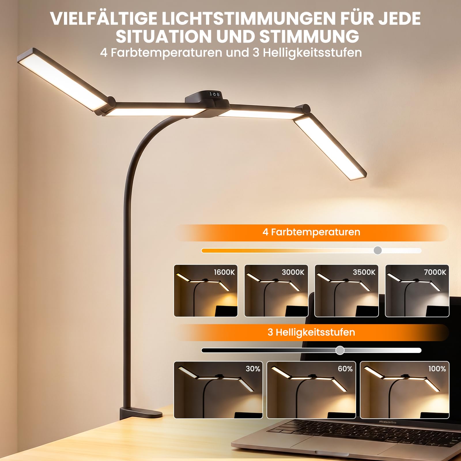 100cm LED Schreibtischlampe Klemmbar mit 4 Leuchtköpfen Dimmbar | 1800LM Augenschutz Tageslichtlampe, 360° Verstellbar Schwanenhals Tischlampe für Büro Zuhause Architekten Zeichnen Schwarz