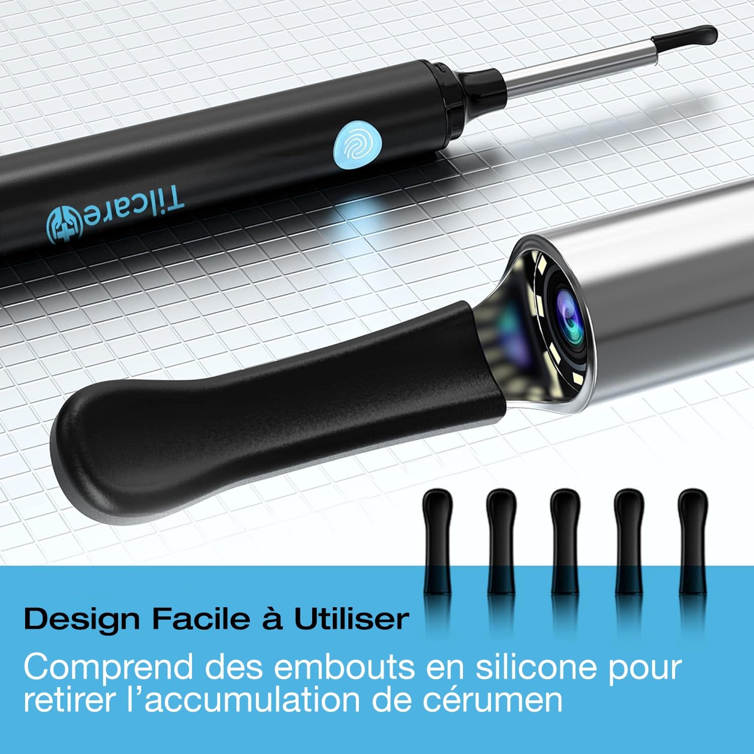 Outil d'élimination du cérumen avec caméra d'oreille par Tilcare - Système d'irrigation pour adultes et enfants - Inclut un bassin, seringue,kit curettes,serviette et 30 bouts jetables